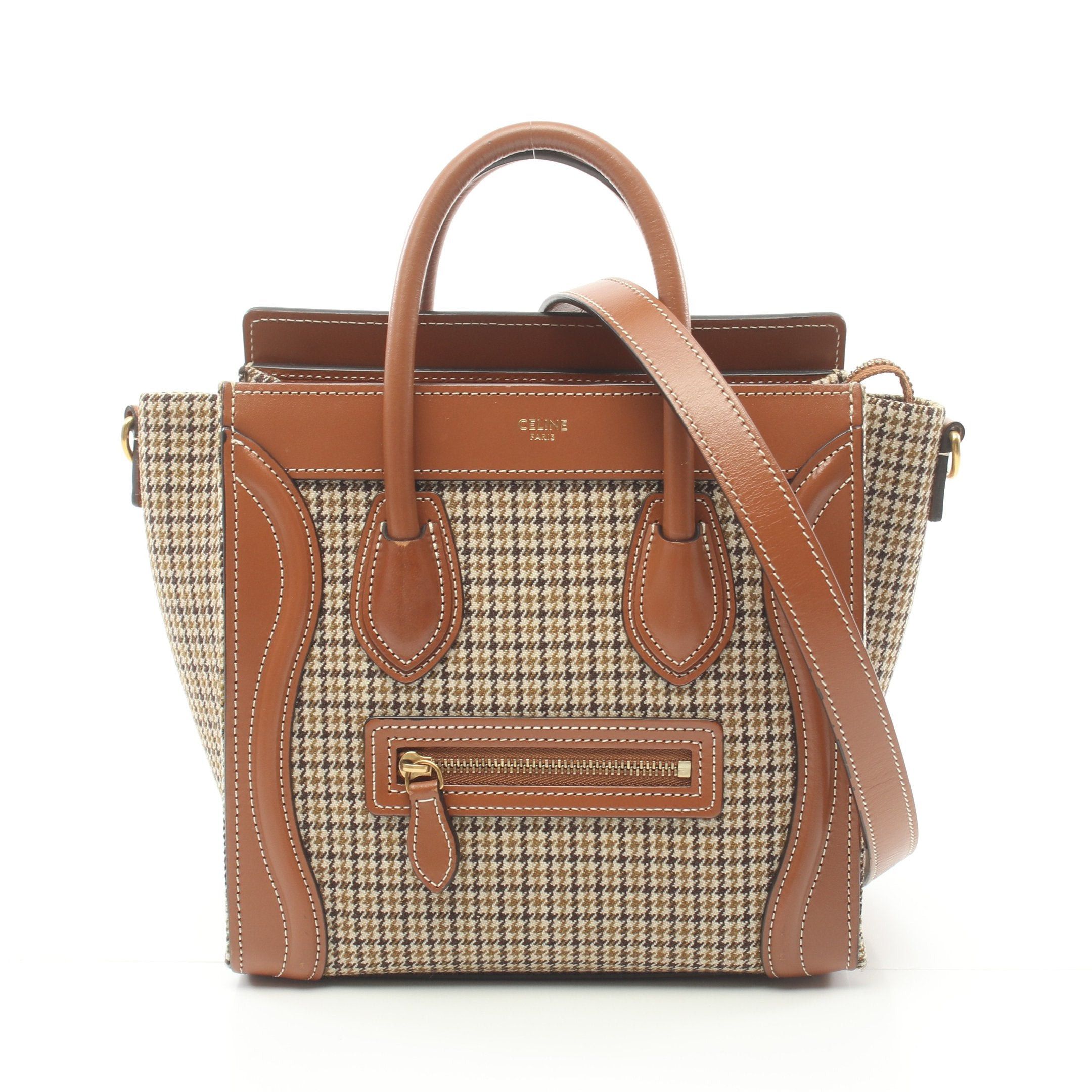 image of Celine Luggage Nano Shopper Handbag Houndstooth Canvas Leather Beige Brown 2Way, Women's