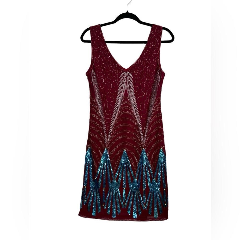 Designer Maroon Beaded Sequined Embroidered Flapper Dress Medium Size M / US 6-8 / IT 42-44 - 6 Thumbnail