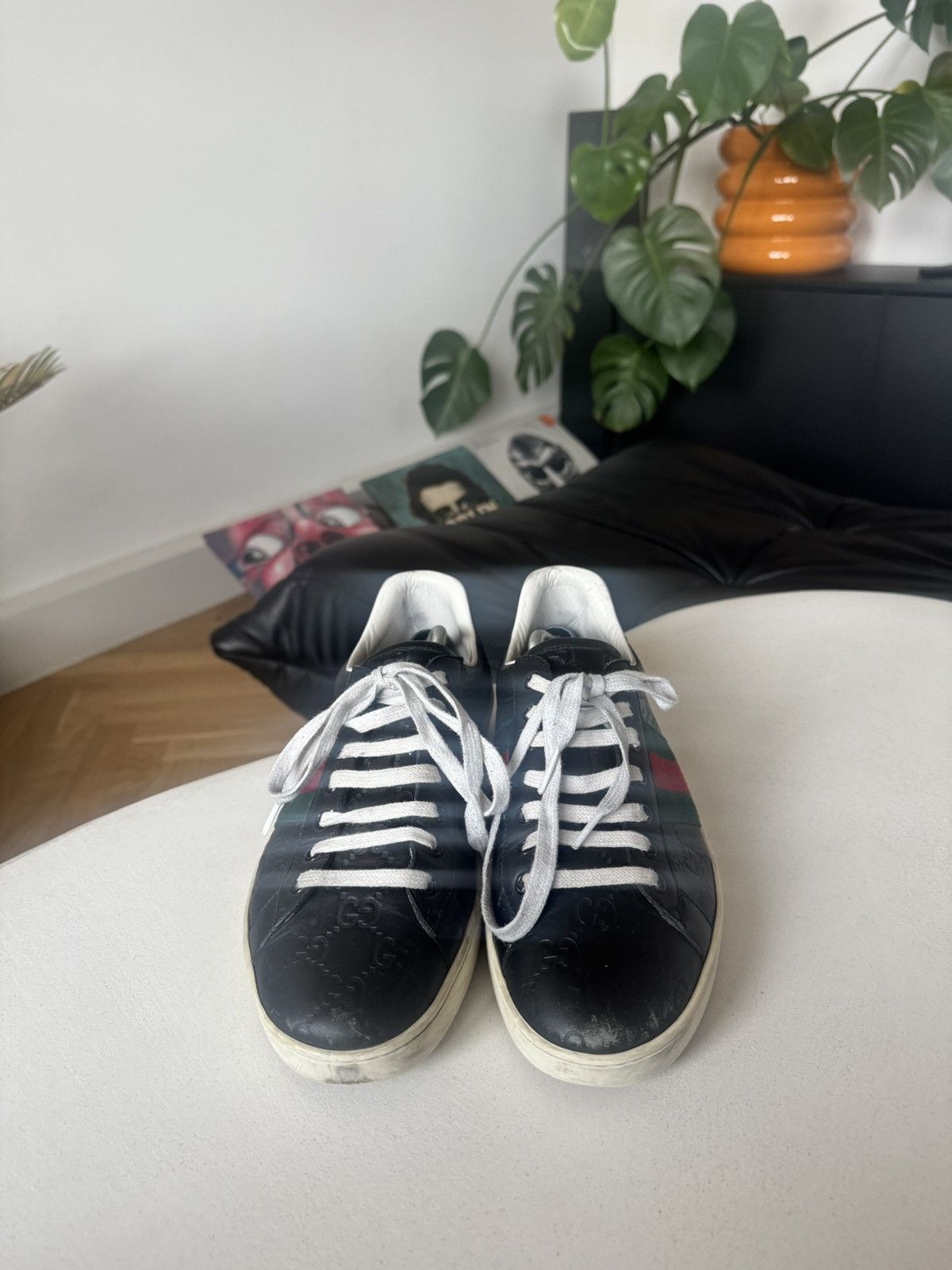 Gucci Gucci Ace Black Monogram Leather Sneakers Designer Luxury Size US 8.5 / EU 41-42 - 3 Thumbnail