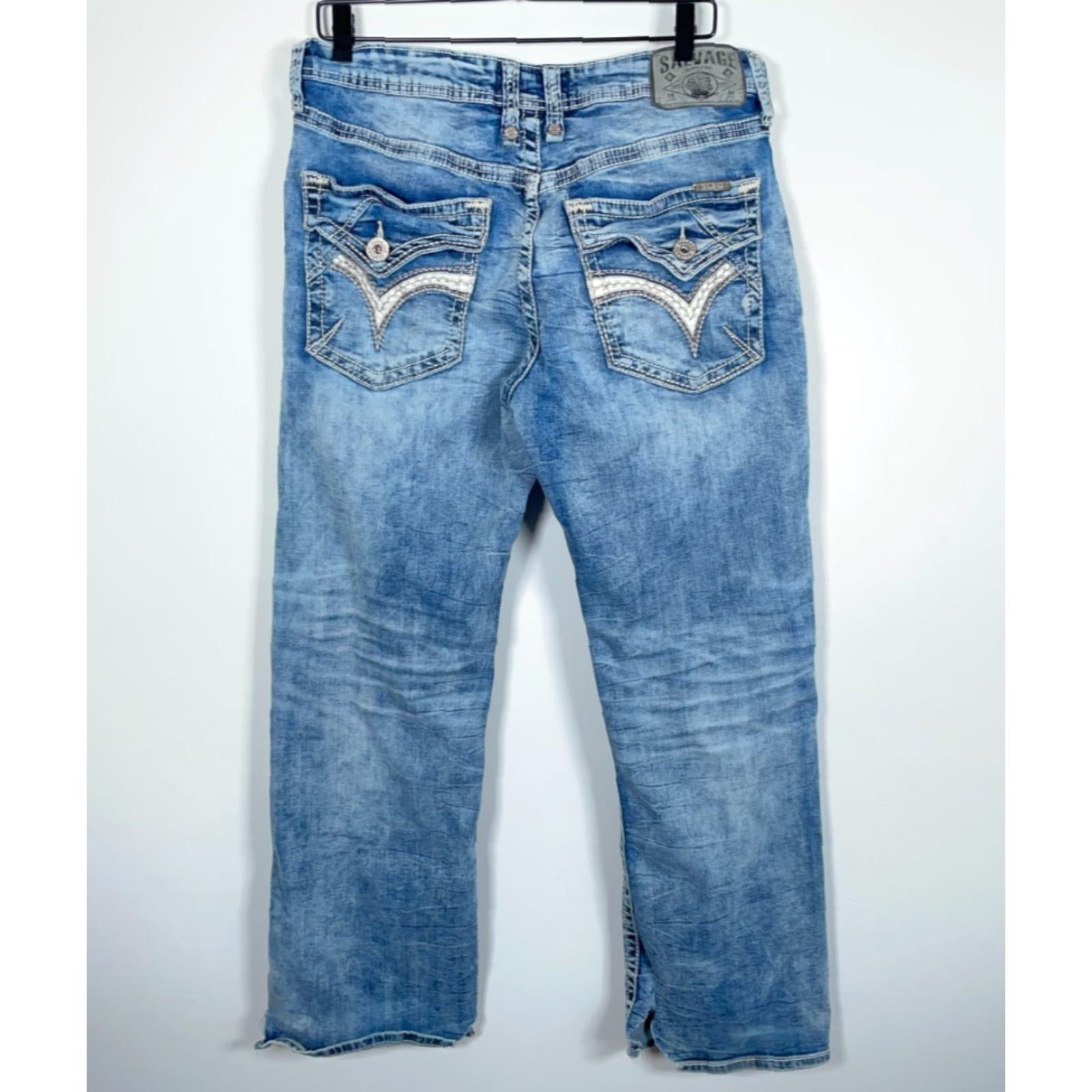 Vintage Buckle Salvage Mayhem Bootcut Jeans Men's 33S (Actual 34 x 29.5) Blue Low Rise Buckle Size US 33 - 2 Thumbnail