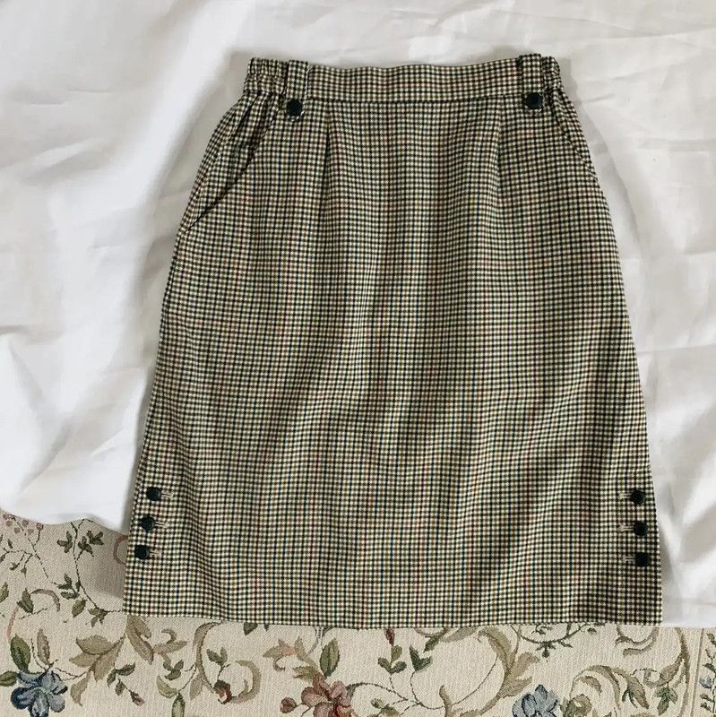 Burberry Khaki Green Wool Check Skirt