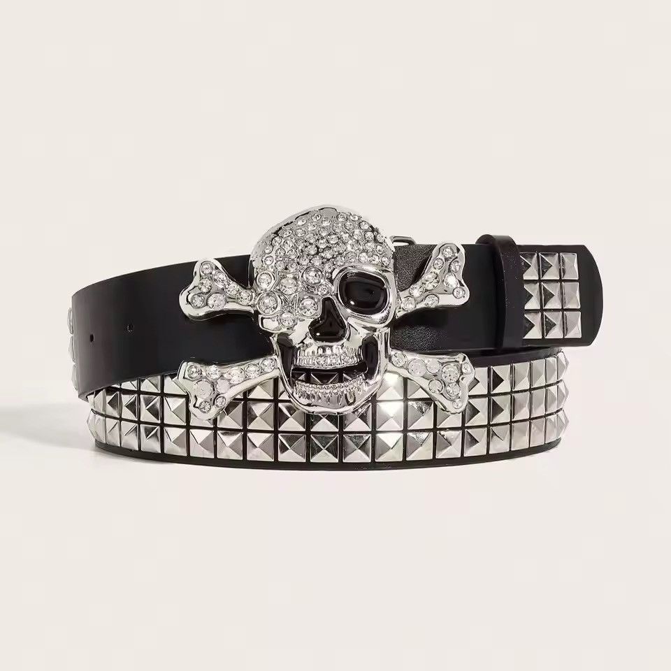 Japanese Brand 115 cm Trendy Gothic Punk Costume Rivet Skulls Buckle Belt Size 36 - 3 Thumbnail