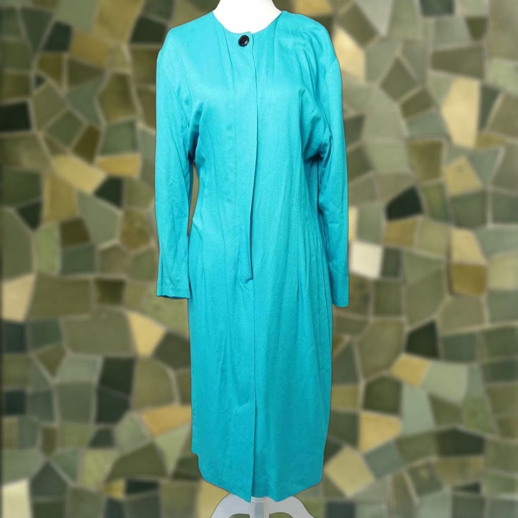 Vintage VINTAGE Carol Anderson Turquoise Blue Sheath Dress 10 Womens 1980s Knee Length Long Sleeves Button Front Rayon Size L / US 10 / IT 46 - 1 Thumbnail