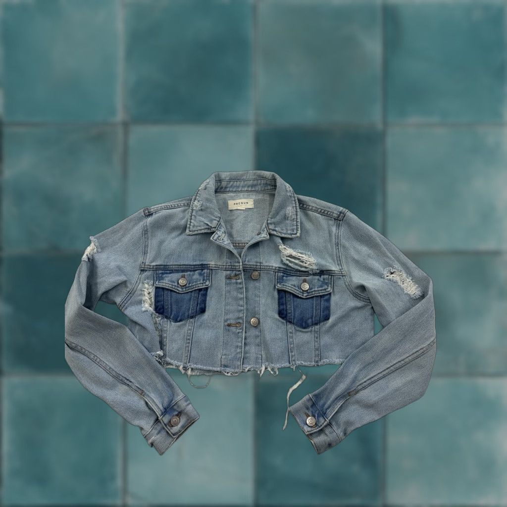 Pacsun Pacsun Denim Jacket Womens Small Blue Cropped Distressed Casual Party/Cocktail Travel Short Jacket with Pockets Size S / US 4 / IT 40 - 1 Thumbnail