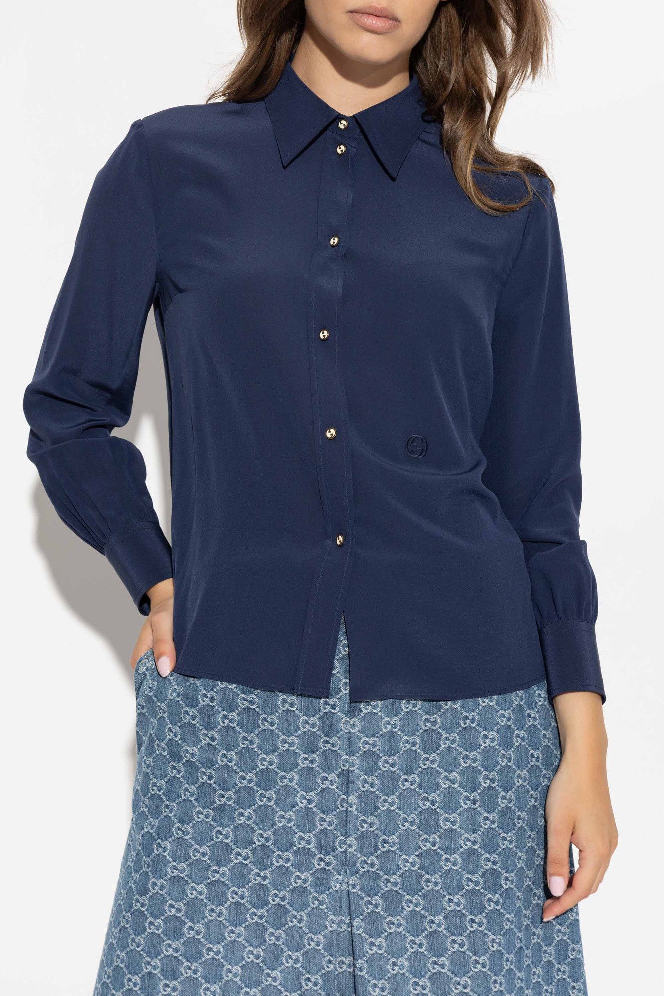 Gucci o1la5ras0526 Silk Crêpe De Chine Shirt in Blue Size XS / US 0-2 / IT 36-38 - 3 Thumbnail