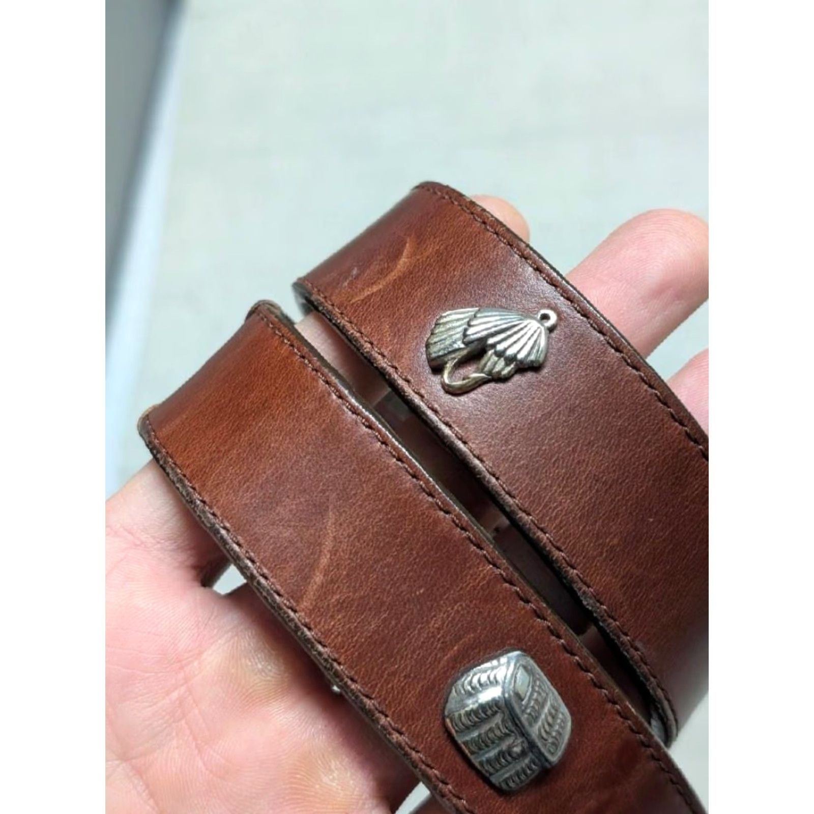 Brighton VINTAGE Brighton leather belt Fisherman brown 42 Mens Belt width 1-1/8" 40-42 Ivy League Concho PREPPY golf FLY FISHING Size 42 - 3 Thumbnail
