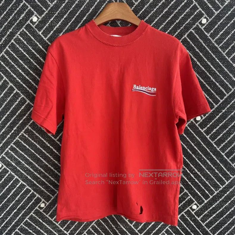 Balenciaga Balenciaga Red Wave Embroidered Distressed T-Shirt Size US XS / EU 42 / 0 - 1 Thumbnail