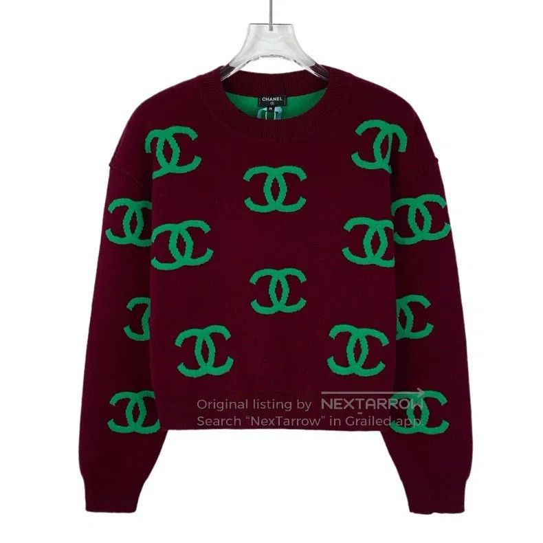 Chanel Chanel Dark red logo full-printed cashmere round-neck long Size XS / US 0-2 / IT 36-38 - 1 Thumbnail