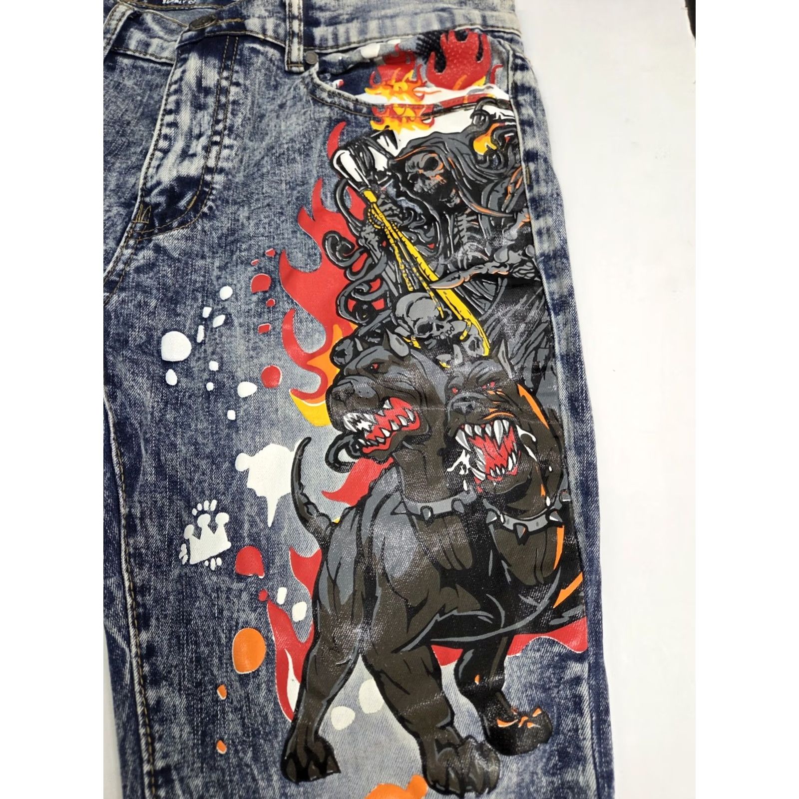 Reason REASON Supply Co. Jeans Men 31 Stretch Graphic Paint Denim Zip 32 Inseam Multicolor Medium Wash Distressed Logo Pockets Straight Across Seasons Size US 31 - 7 Thumbnail