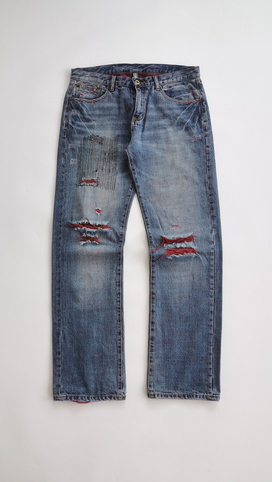 Japanese Brand Reddish Vibgyor Distressed Repair Denim Jeans Size US 33 - 2 Thumbnail