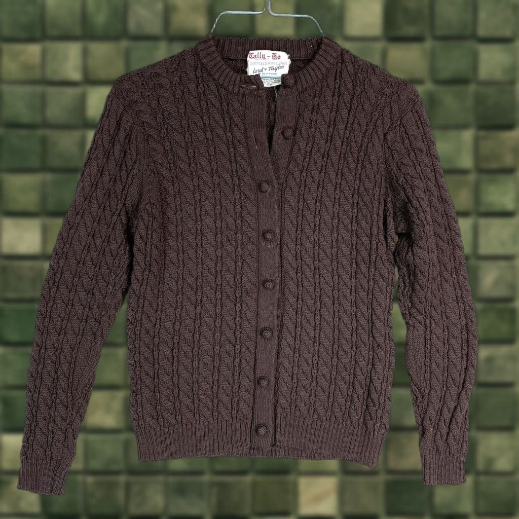 VINTAGE Tally Ho Cardigan Shirt 60s Brown Wool 100% Size S Womens