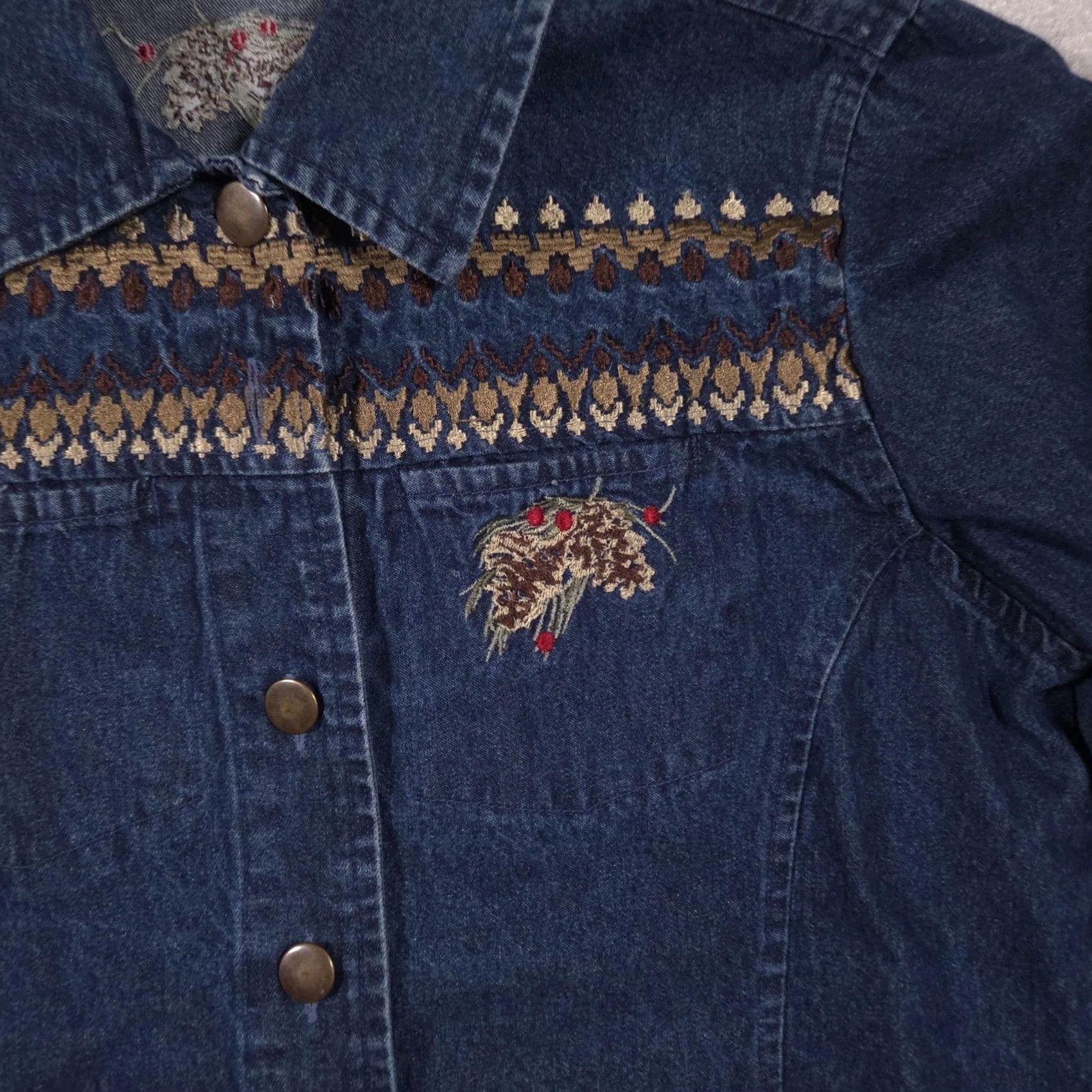 Denime VINTAGE NorthCrest Jacket Womens Large Blue Denim Fair Isle Pinecone Embroidered Holiday Size L / US 10 / IT 46 - 3 Thumbnail