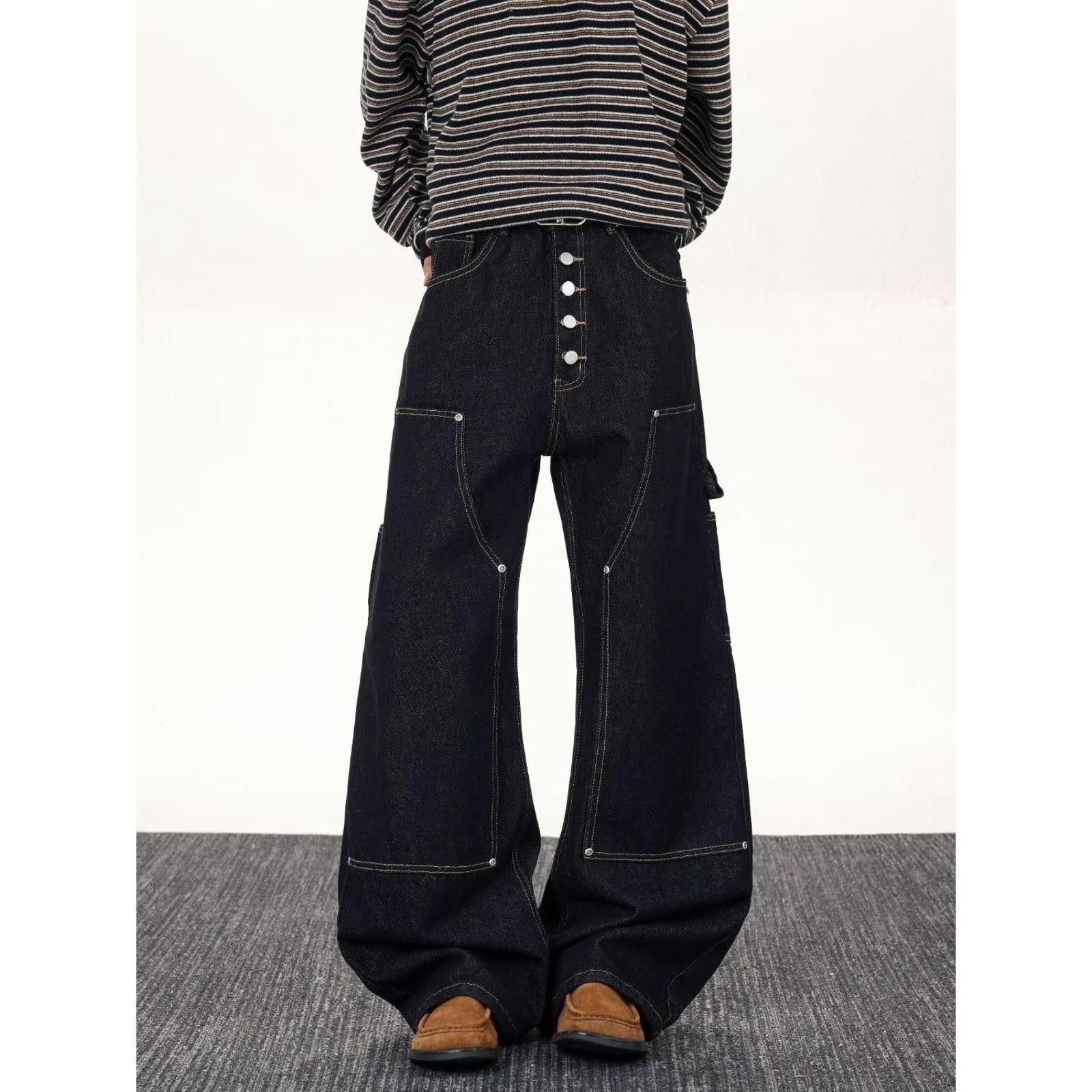 Vintage Black Wide Leg Denim Jeans, Loose Fit Carpenter Pants Size US 32 / EU 48 - 3 Thumbnail
