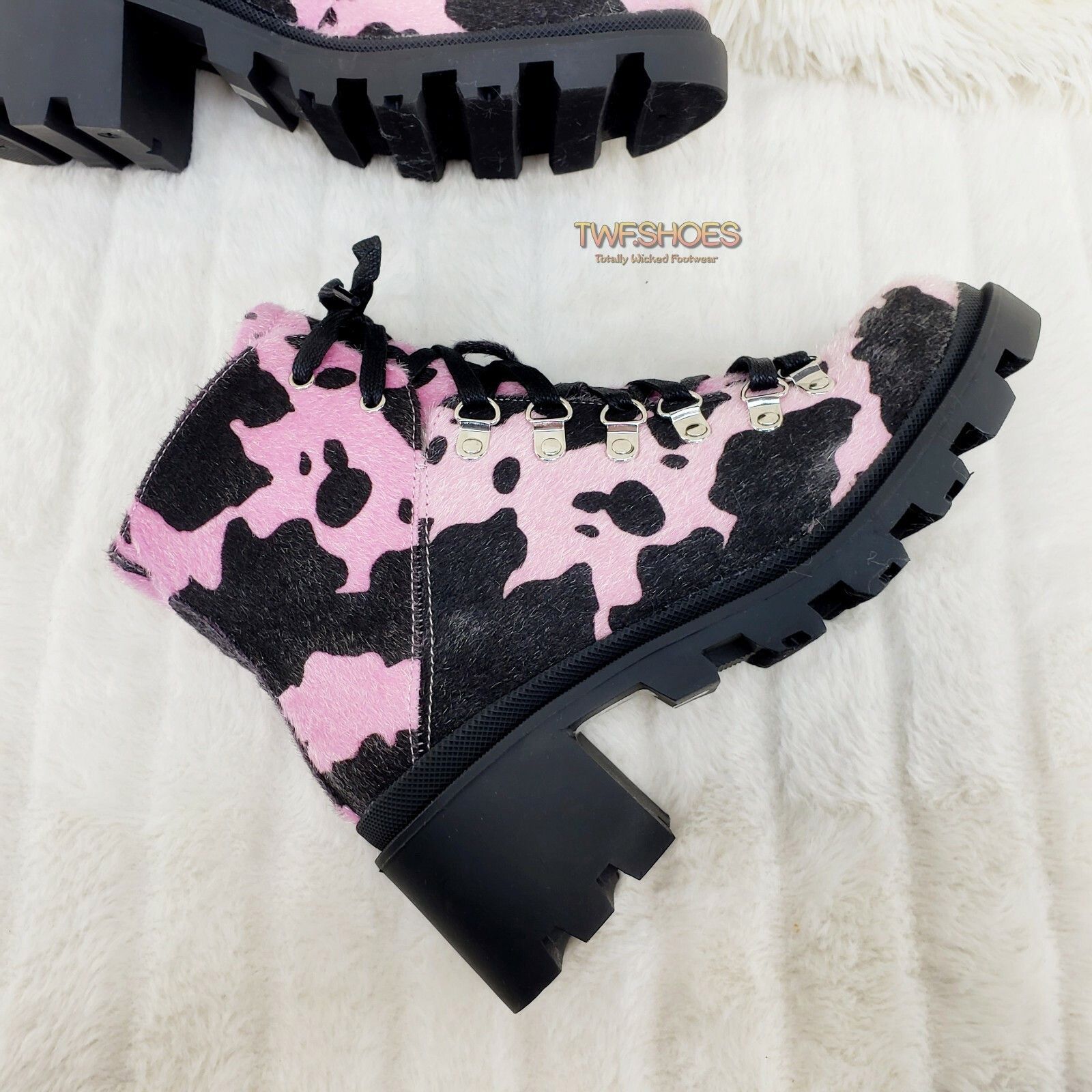 Other Kick Azz Lace Up Lug Sole Combat Ankle Boots Faux Fur Pink C Size US 6.5 / IT 36.5 - 2 Thumbnail