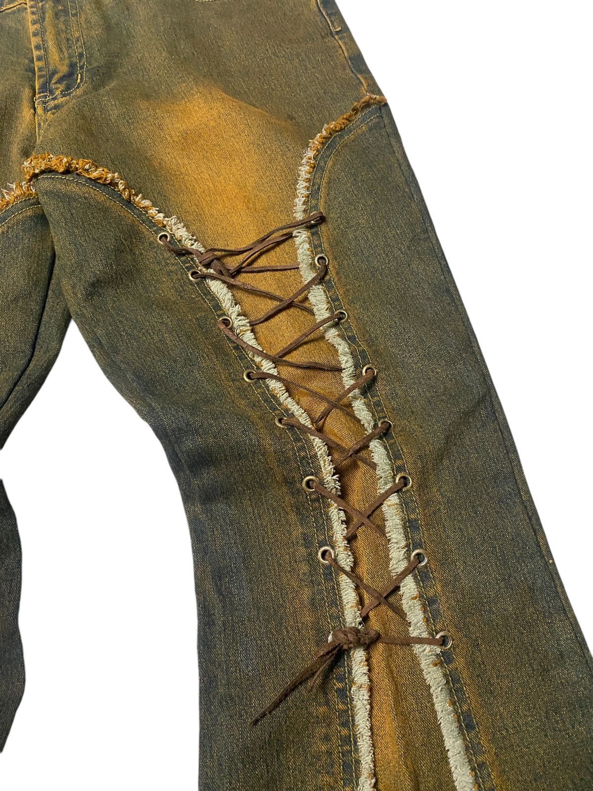 If Six Was Nine × Japanese Brand × Tornado Mart 2000's Xin Miao Mudwash Laced Up Fringe Flared Jeans Size US 29 - 3 Thumbnail