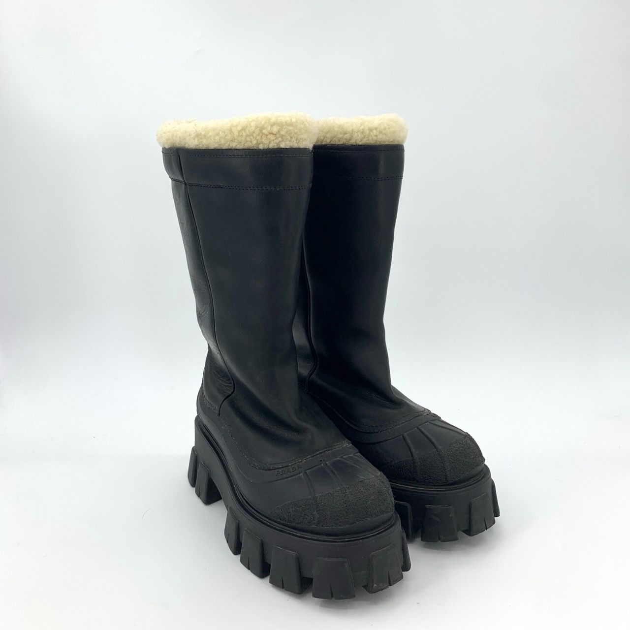 Prada Prada Lamb Fur-Lined Black Thick-Soled Mid-Calf Boots, Size Size US 7 / IT 37 - 9 Thumbnail