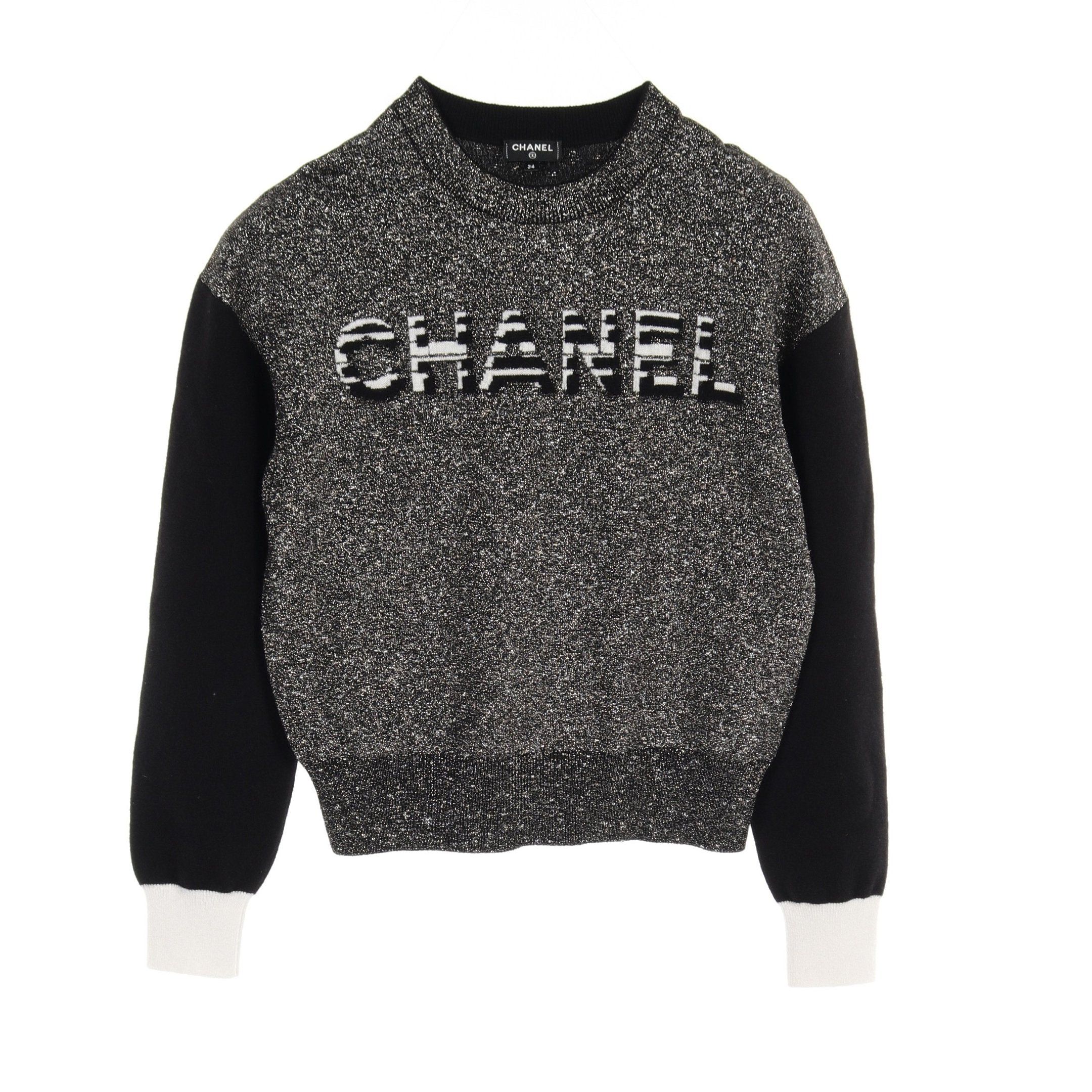 image of Chanel Logo Knit Crew Neck Cashmere Cotton Silk Black White Rame, Women's