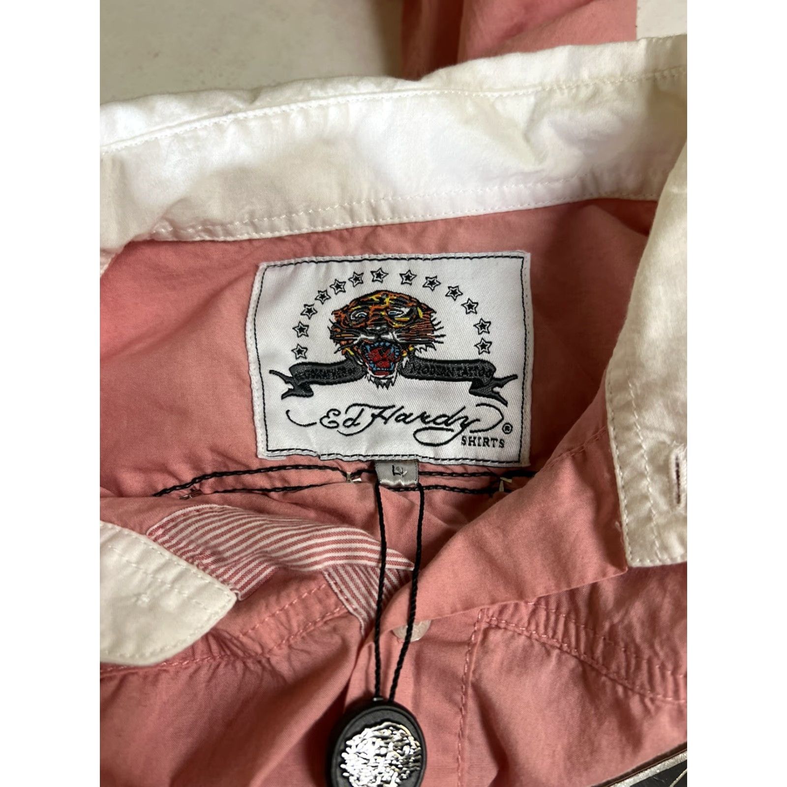 Ed Hardy VINTAGE Ed Hardy Button-Down Shirt LA Club House LA Embroidered Long Sleeve Pink L Mens Button-Up Regular Collar-Down Tattoo Style Size US L / EU 52-54 / 3 - 6 Thumbnail