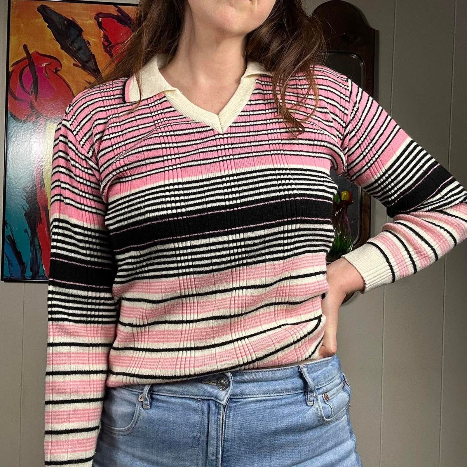 Vintage Vintage retro preppy 70s pink black pull over collar sweater Size M / US 6-8 / IT 42-44 - 2 Thumbnail