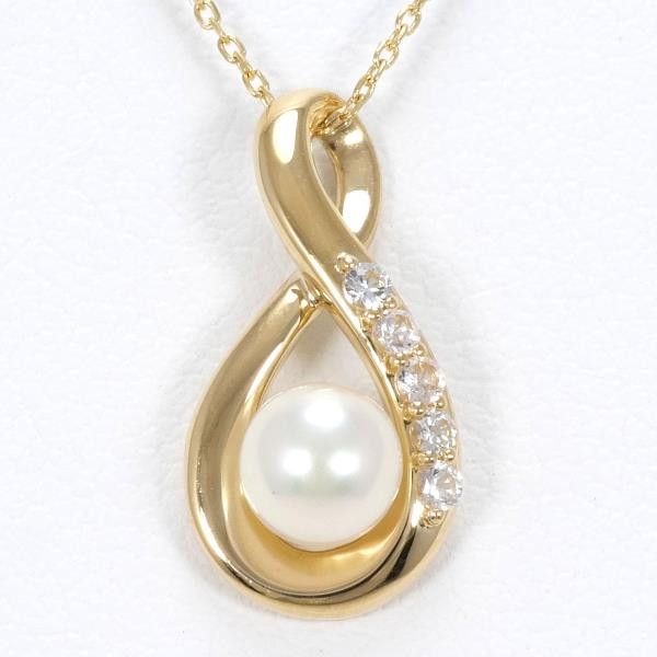 Other Other K18 Yellow Gold Pearl Necklace with White Sapphire, 40cm Metal Necklace in Great Condition Size ONE SIZE - 1 Thumbnail