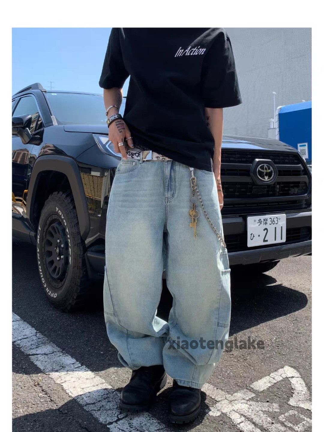 Jean Unisex washed faded loose baggy hiphop cargo jeans Size US 31 - 2 Thumbnail