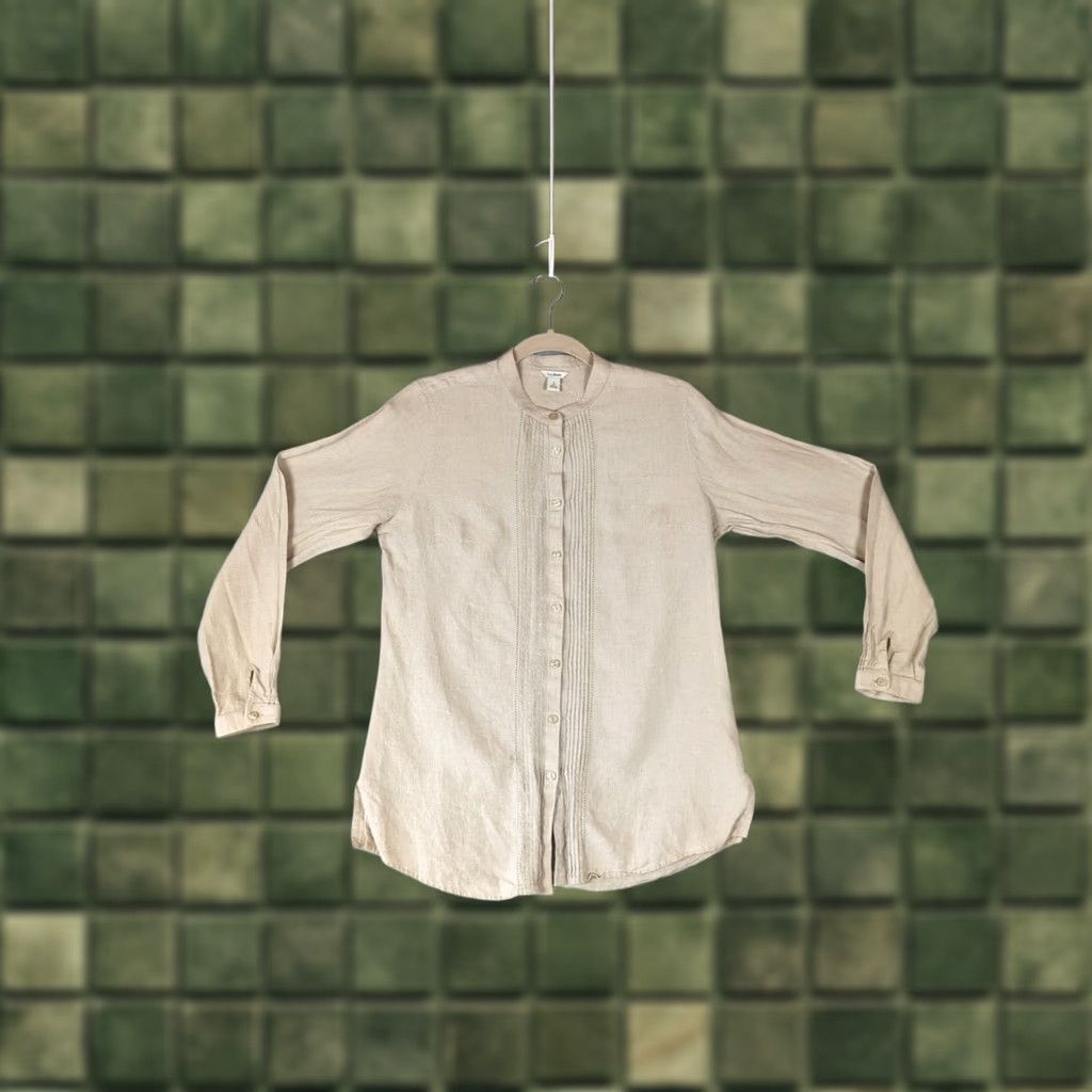 Vintage L.L. Bean Shirt Womens Small Beige Pleated Front Band Collar Long Sleeve Button | Linen Shirt | Casual Bohemian | Beige Size M / US 6-8 / IT 42-44 - 1 Thumbnail