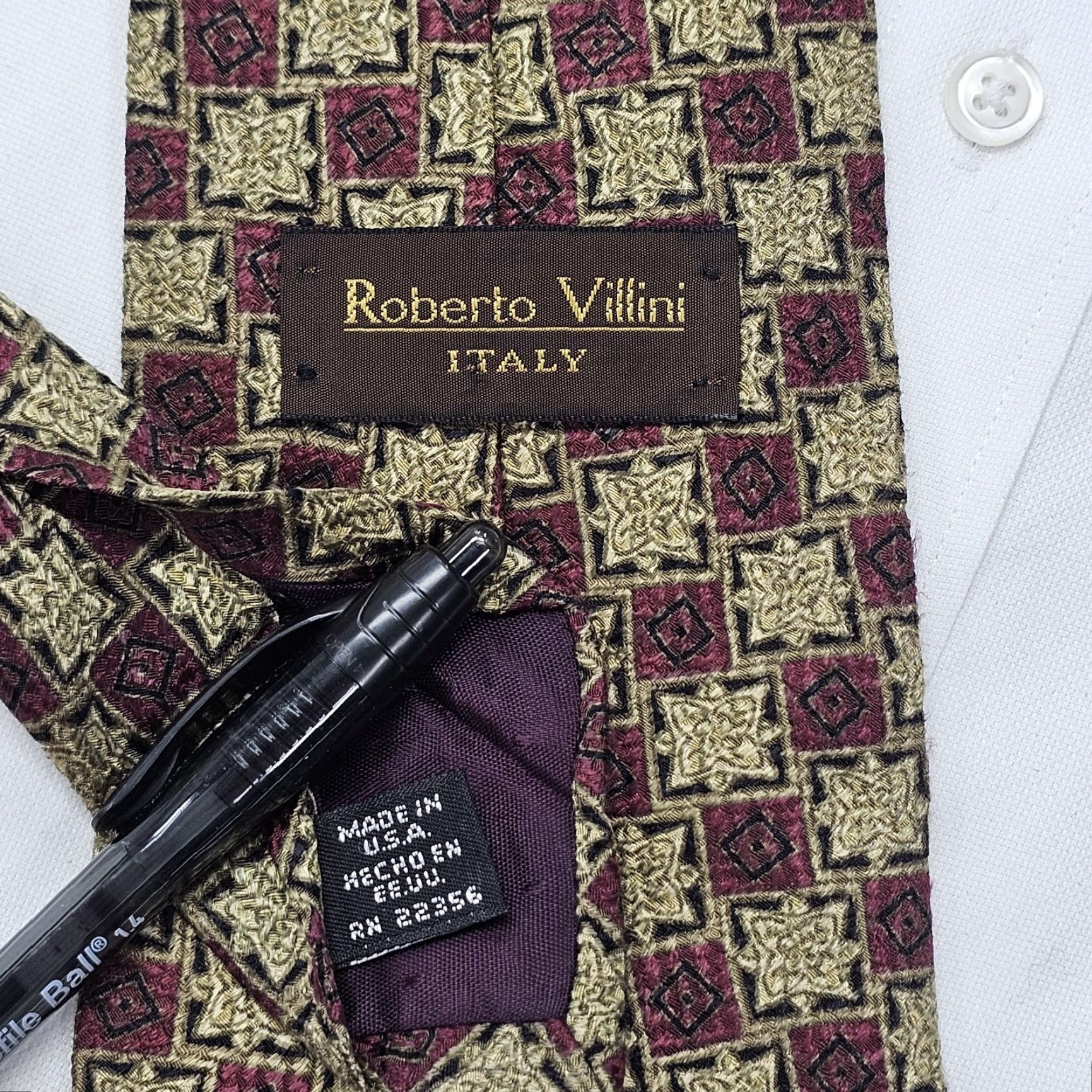 Vintage Roberto Villini Tie Geometric Silk Gold Burgandy Black 56" 4.25" Necktie Men’s Designer Silk Tie Size ONE SIZE - 4 Thumbnail