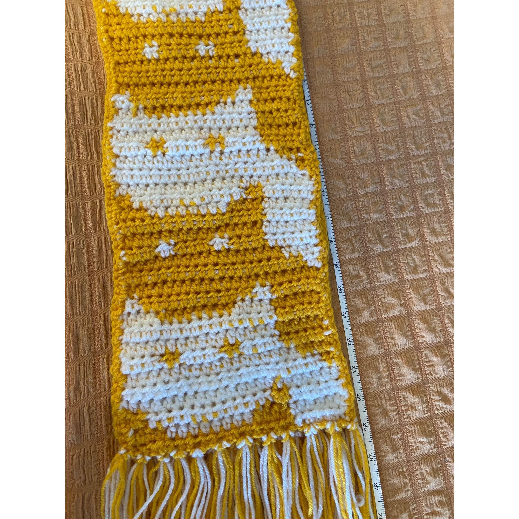 Other Handmade Crochet Winter Scarf Cat Motif Yellow/White W/5” Fr Size ONE SIZE - 6 Thumbnail