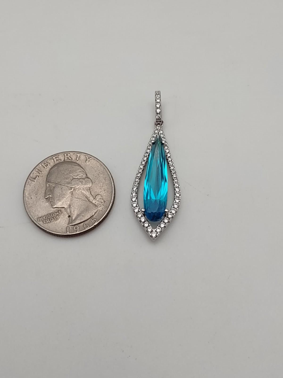 The Unbranded Brand Sterling Silver Blue Stone Pendant Teardrop CZ Halo 925 Size ONE SIZE - 4 Thumbnail