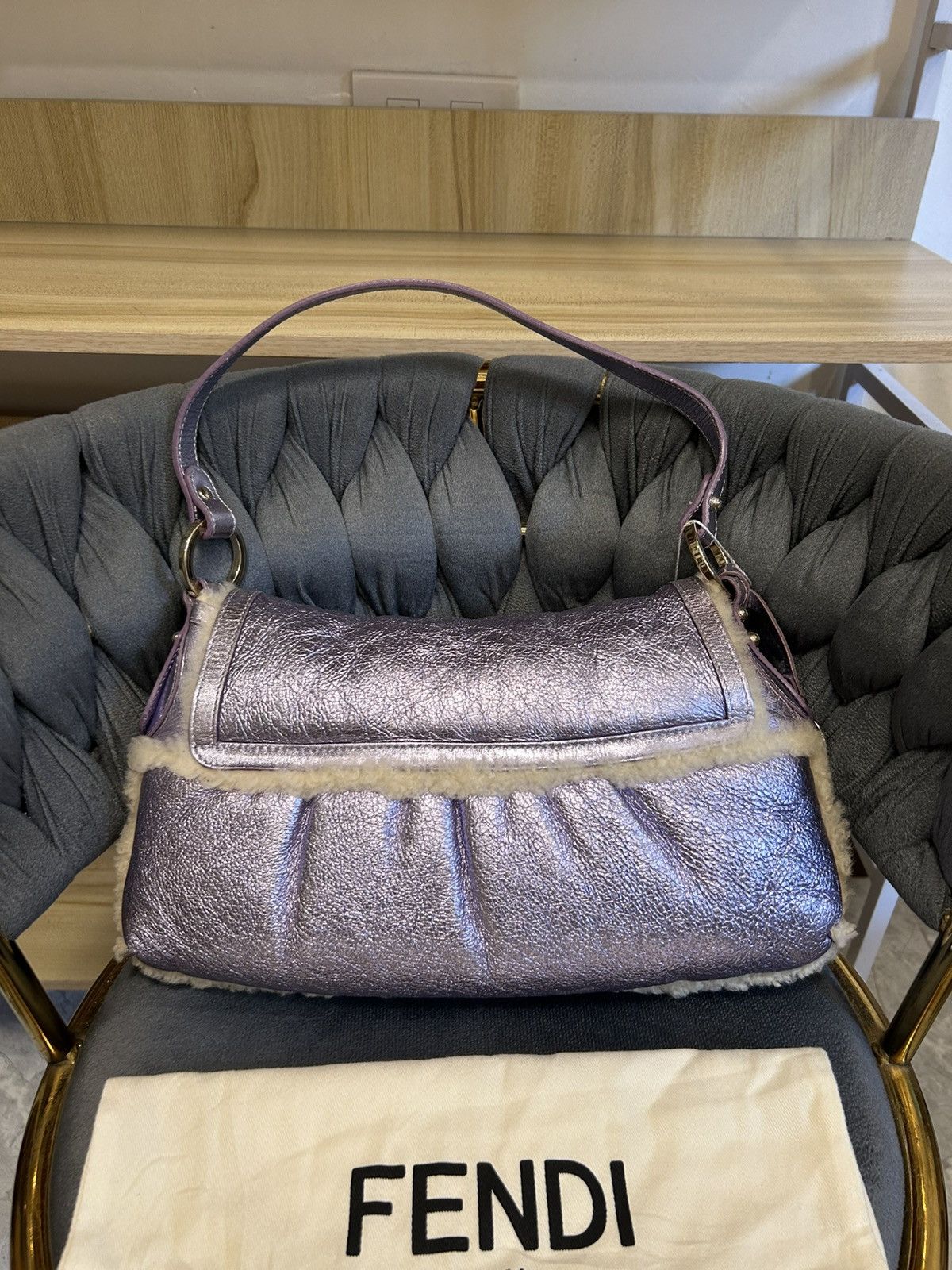 Fendi Fendi Chef Shearling Metallic Purple Sheepskin Small Hobo Size ONE SIZE - 2 Thumbnail