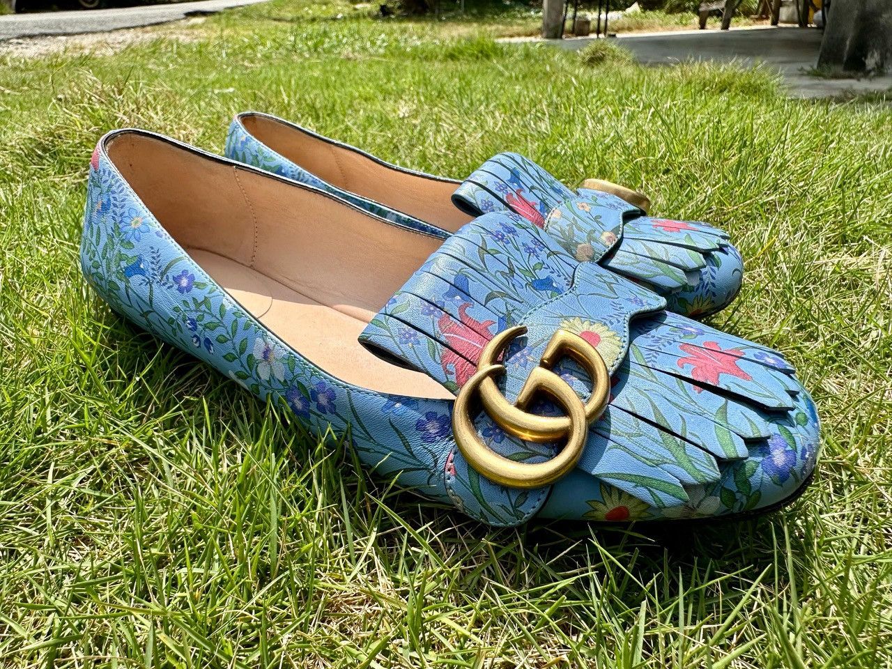 Gucci Authentic Gucci Blue Floral Leather GG Marmont Fringe Ballet Size US 6.5 / IT 36.5 - 2 Thumbnail