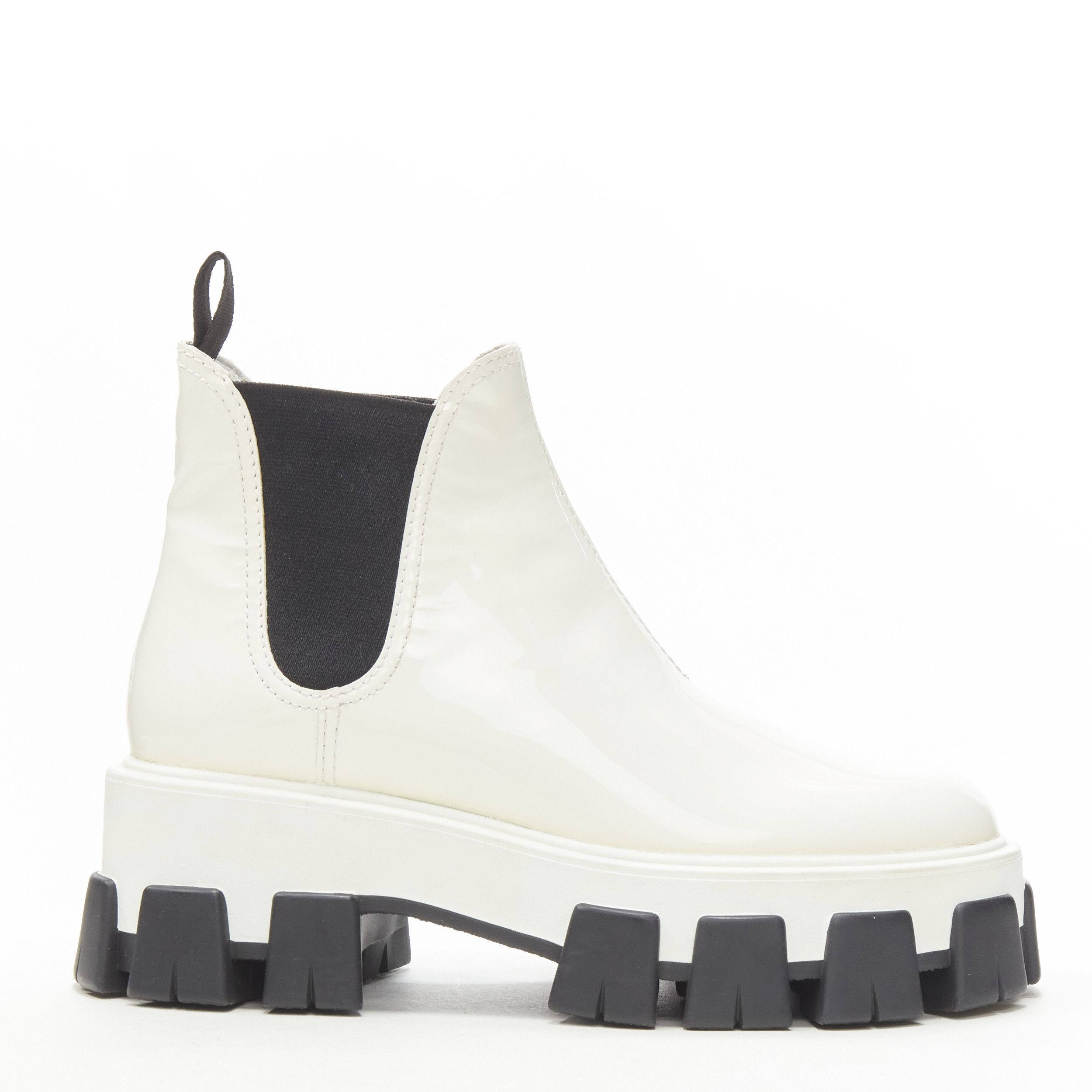 PRADA 2019 Monolith white patent lug sole platform ankle boot EU36