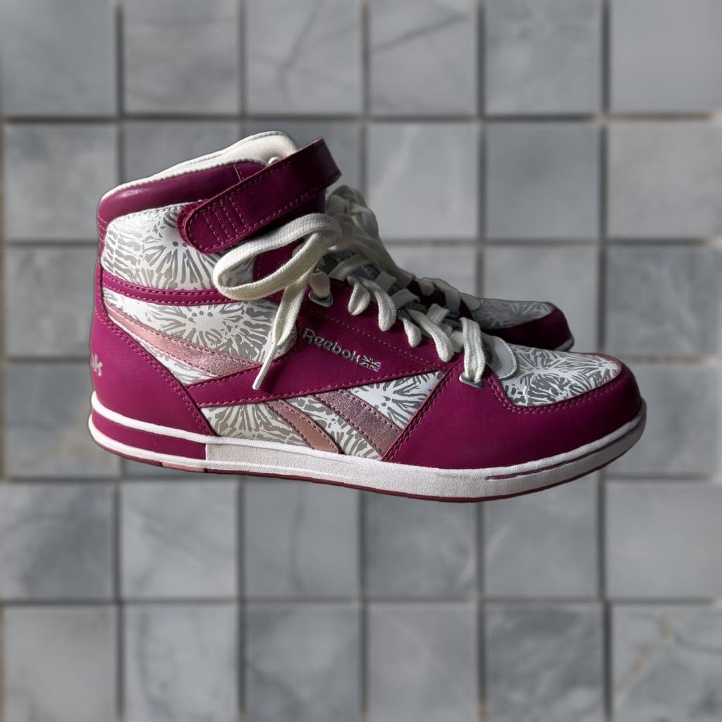 VINTAGE Reebok Freestyle Hi High Top Sneakers Pink White Pattern Womens Size 7 Aerobic