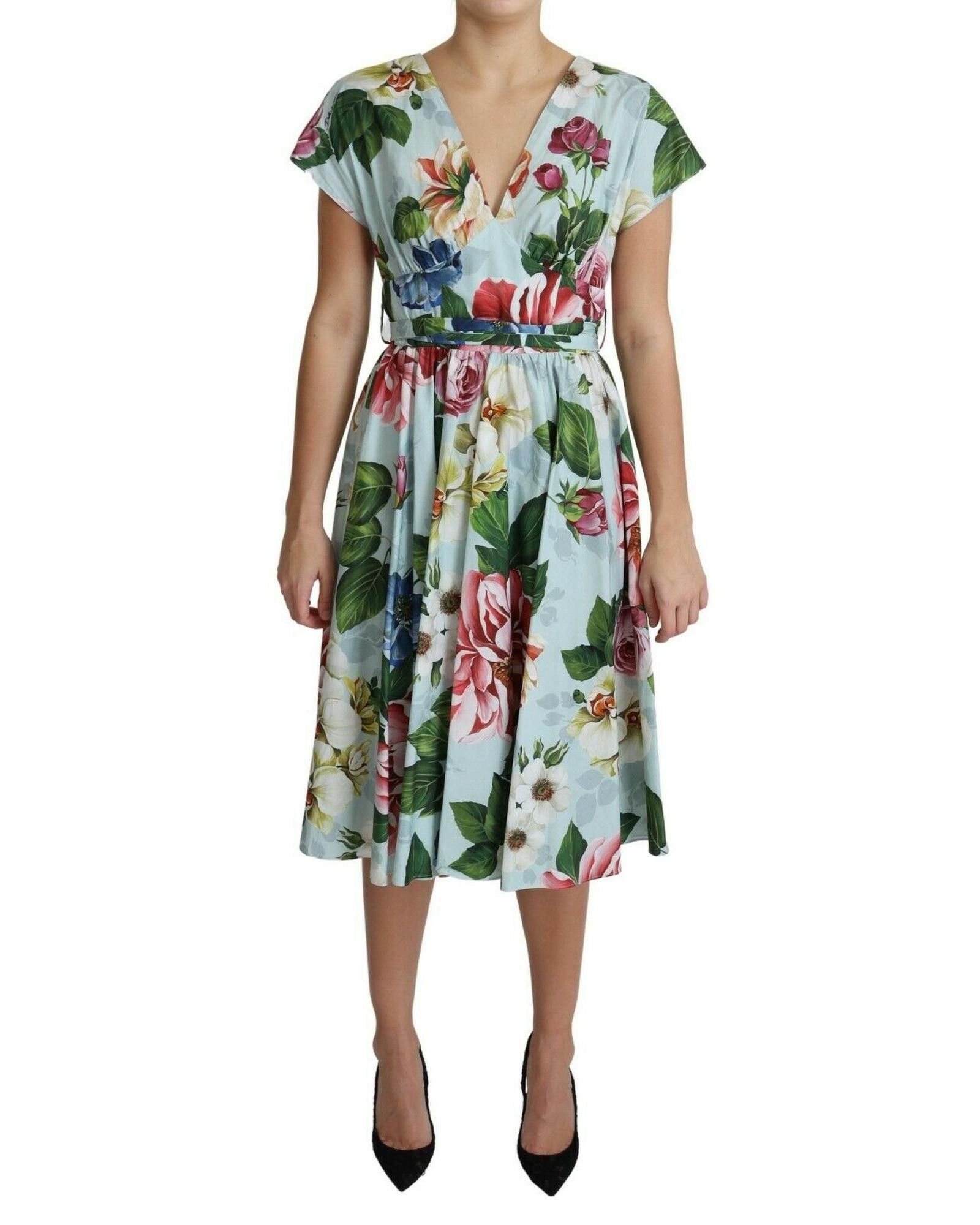 image of Dolce Gabbana Floral Short Sleeves V-Neck Dress in Green, Women's (Size XS)