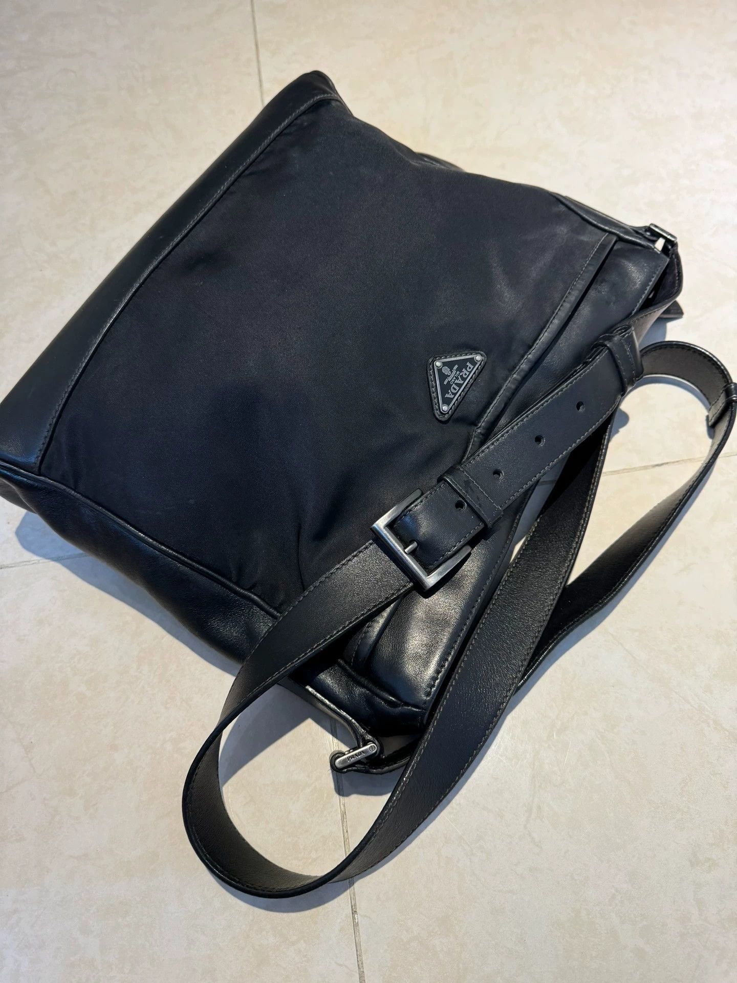Prada Prada Logo Waxed Leather Nylon Crossbody Bag Black Unisex Size ONE SIZE - 2 Thumbnail