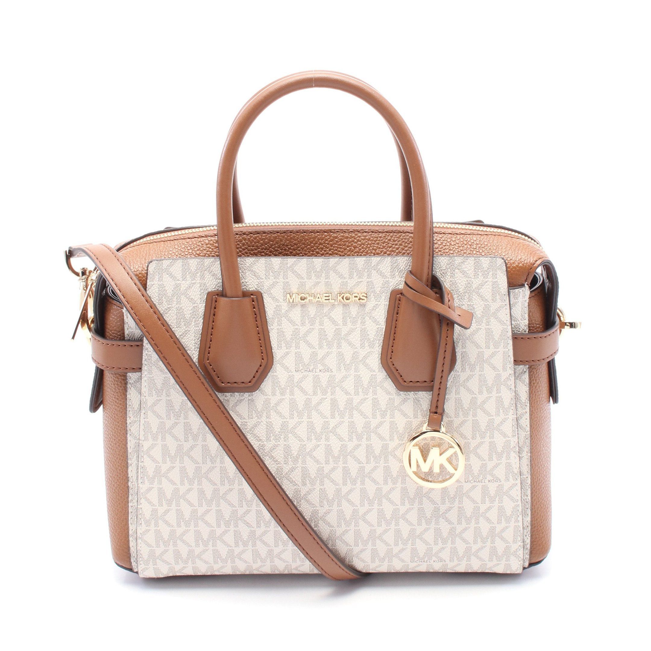 Michael Kors Mercer Top Zip Belted Satchel Small Handbag Leather Off White Gray Brown, Women's