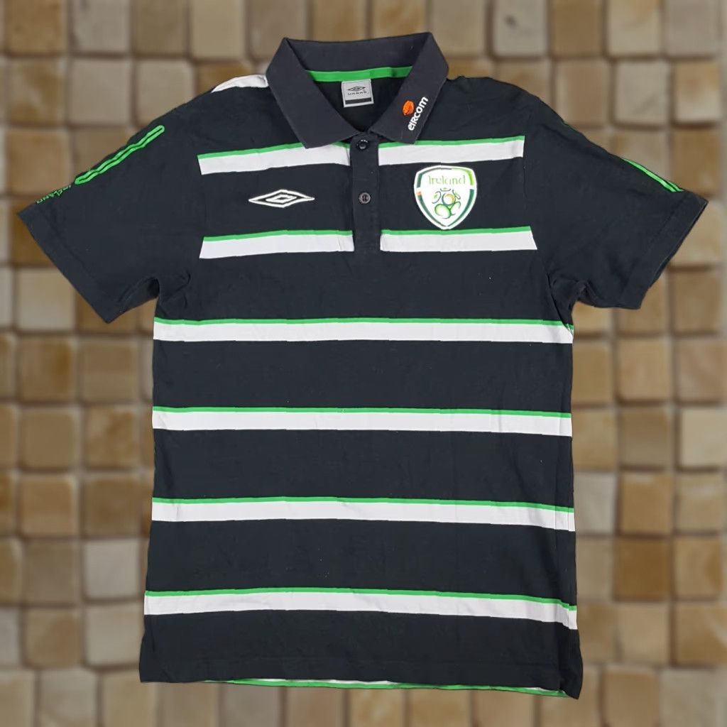 VINTAGE Umbro Ireland Polo Shirt Striped Button Collar Shirt, Size S, Green, Cotton, 90s, Soccer, Football, Men, Casual, Workwear