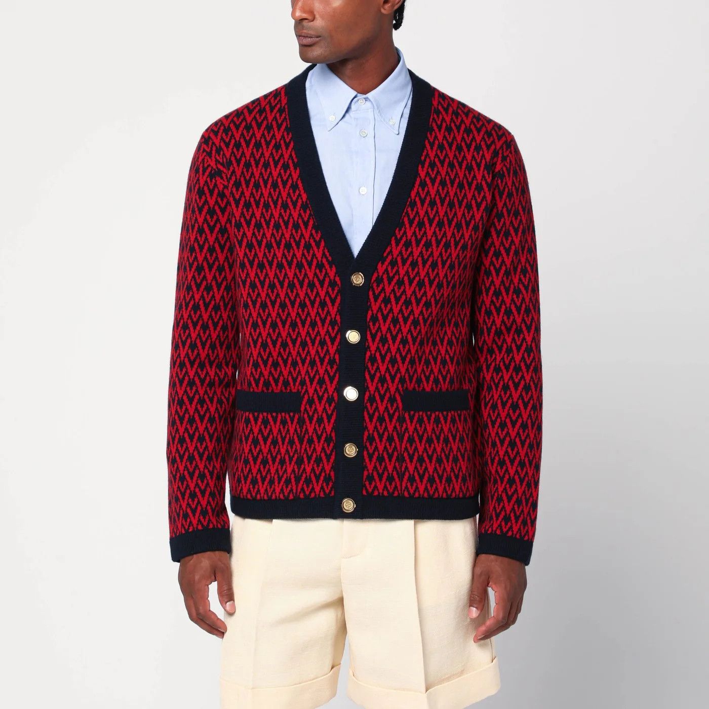 Valentino o1d2blof0326 Jacquard Patterned Cardigan in Red/Navy Blue Size US M / EU 48-50 / 2 - 4 Thumbnail