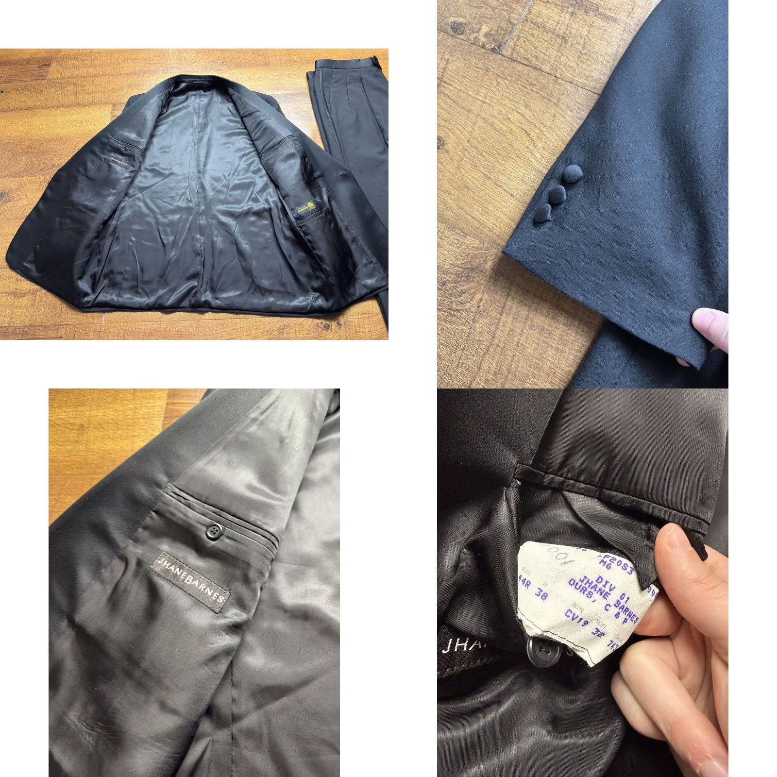 Vintage Jhane Barnes black Shawl collar wool and satin Tuxedo Mens 44R 2pc Formal Suit Jacket & Pants Size 44R - 8 Thumbnail