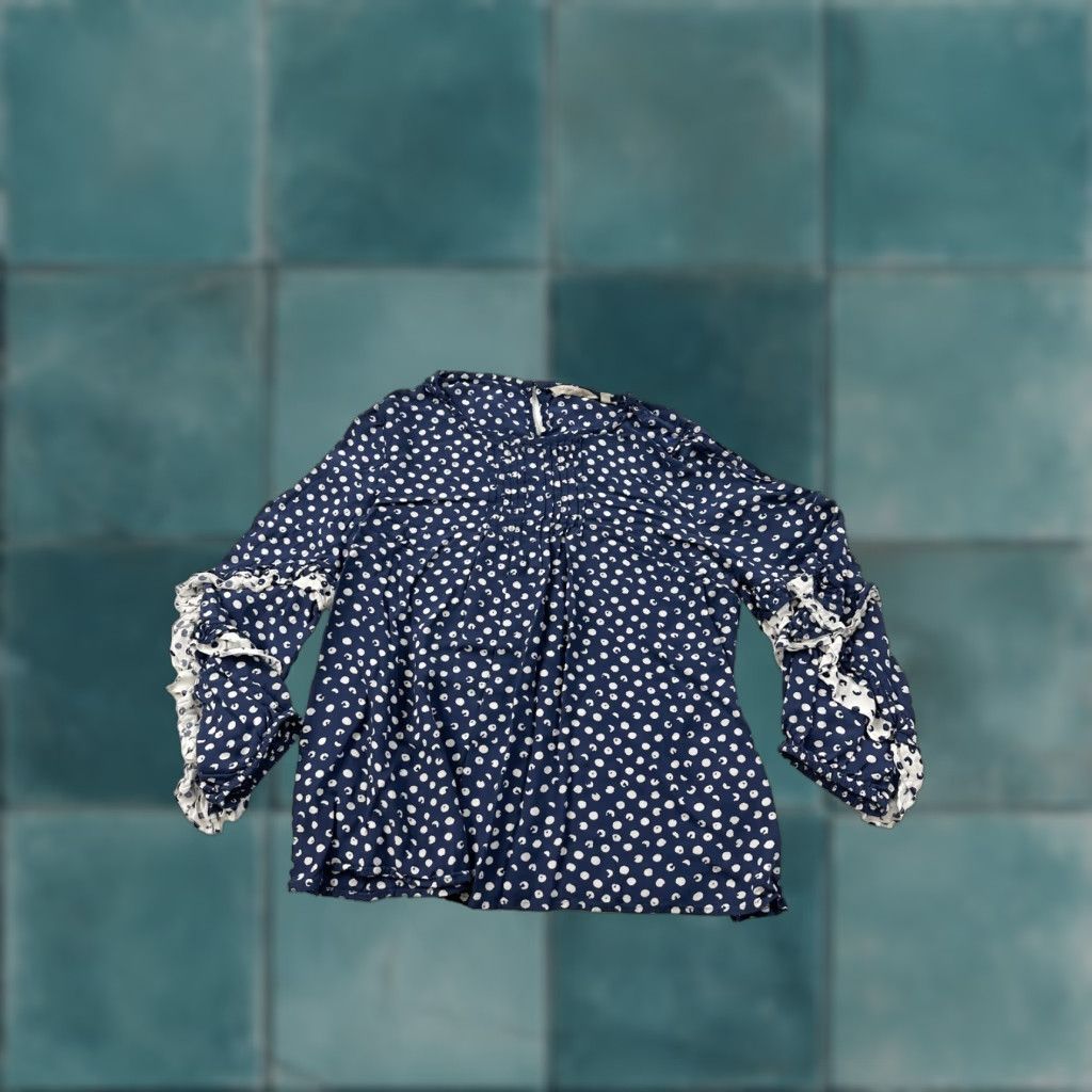 Soft Surroundings Soft Surroundings Blouse Women’s M Polka Dot Round Neck Pullover Long Sleeve Pleated Ruffle Blue Multicolor Viscose Regular - USA? Size M / US 6-8 / IT 42-44 - 1 Thumbnail