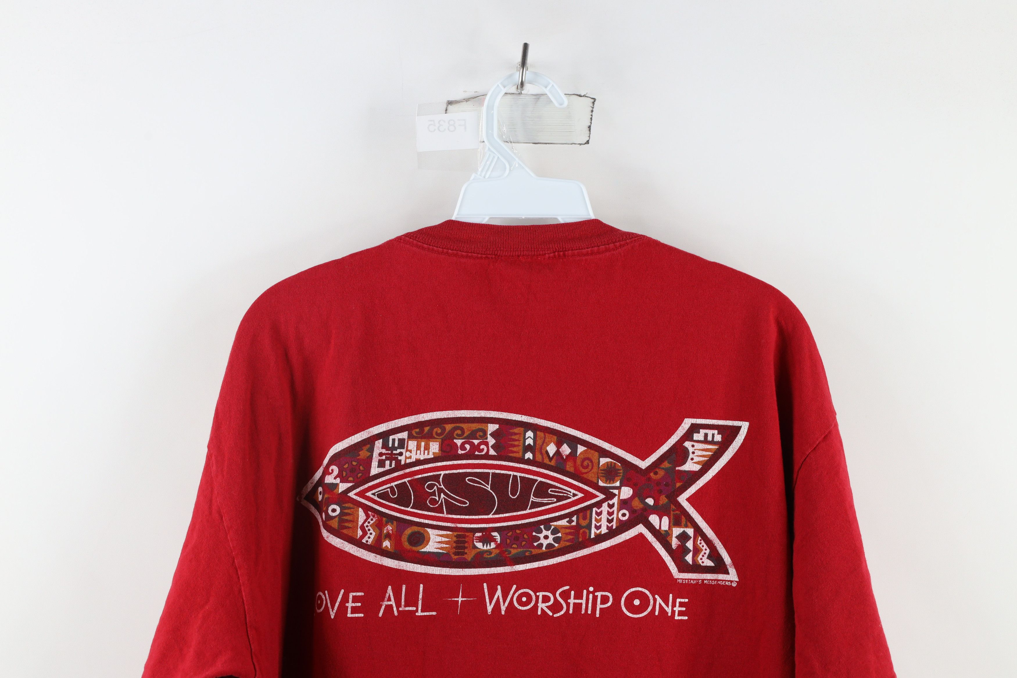 Vintage Vintage 90s Love All Worship One Jesus Fish T-Shirt Red Size US XL / EU 56 / 4 - 9 Thumbnail