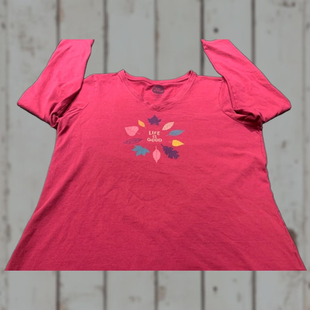 Life is Good VINTAGE Life is Good Pink Fall Leaves Long Sleeve V-Neck Womens Large L T Shirt Size L / US 10 / IT 46 - 1 Thumbnail