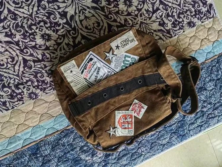 Vintage Brown Old School Style Star Patch Canvas Students School Bag Size ONE SIZE - 7 Thumbnail