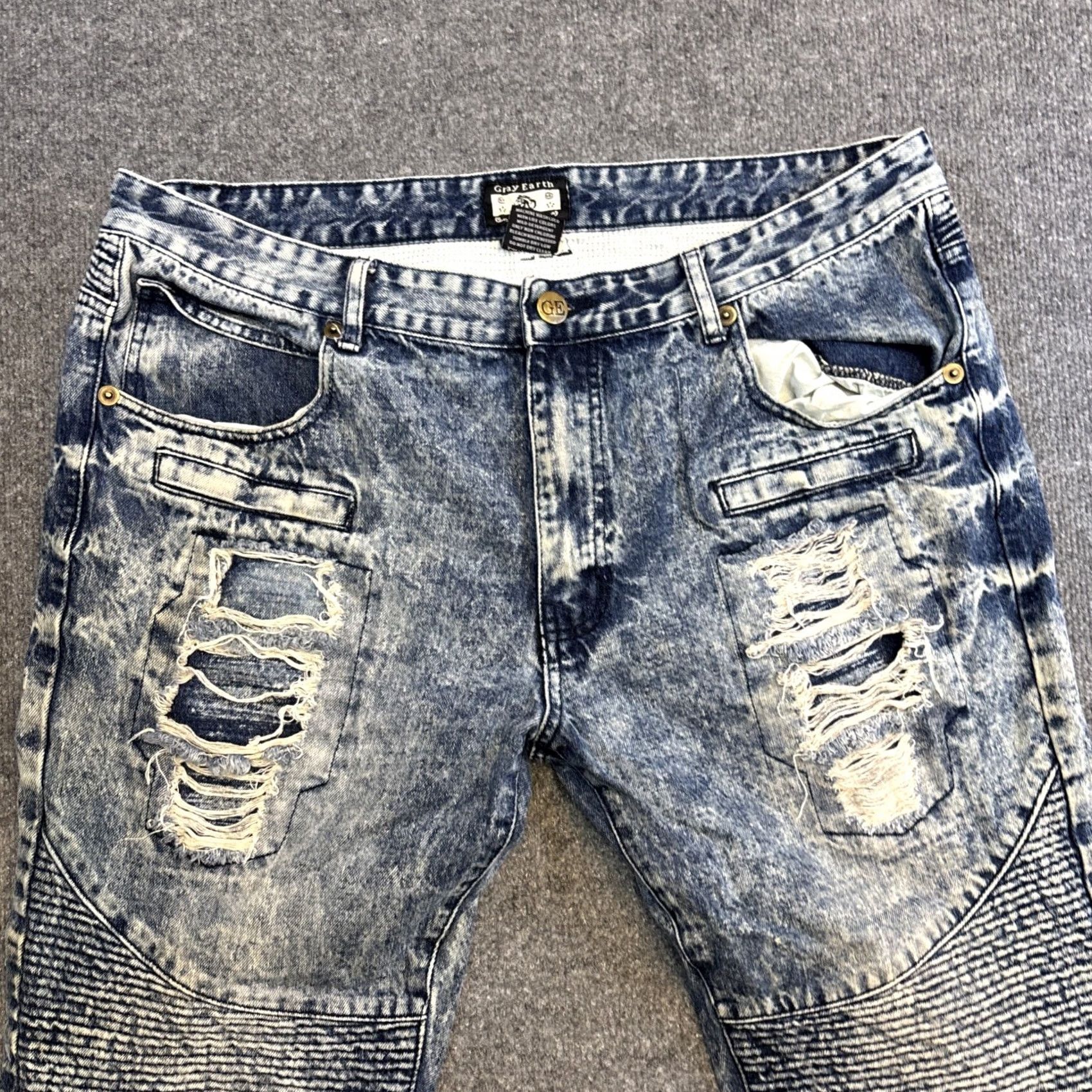 Vintage Gray Earth Moto Acid Washed Jeans Mens W40xL31 Distressed Regular Straight Leg Size US 40 / EU 56 - 3 Thumbnail
