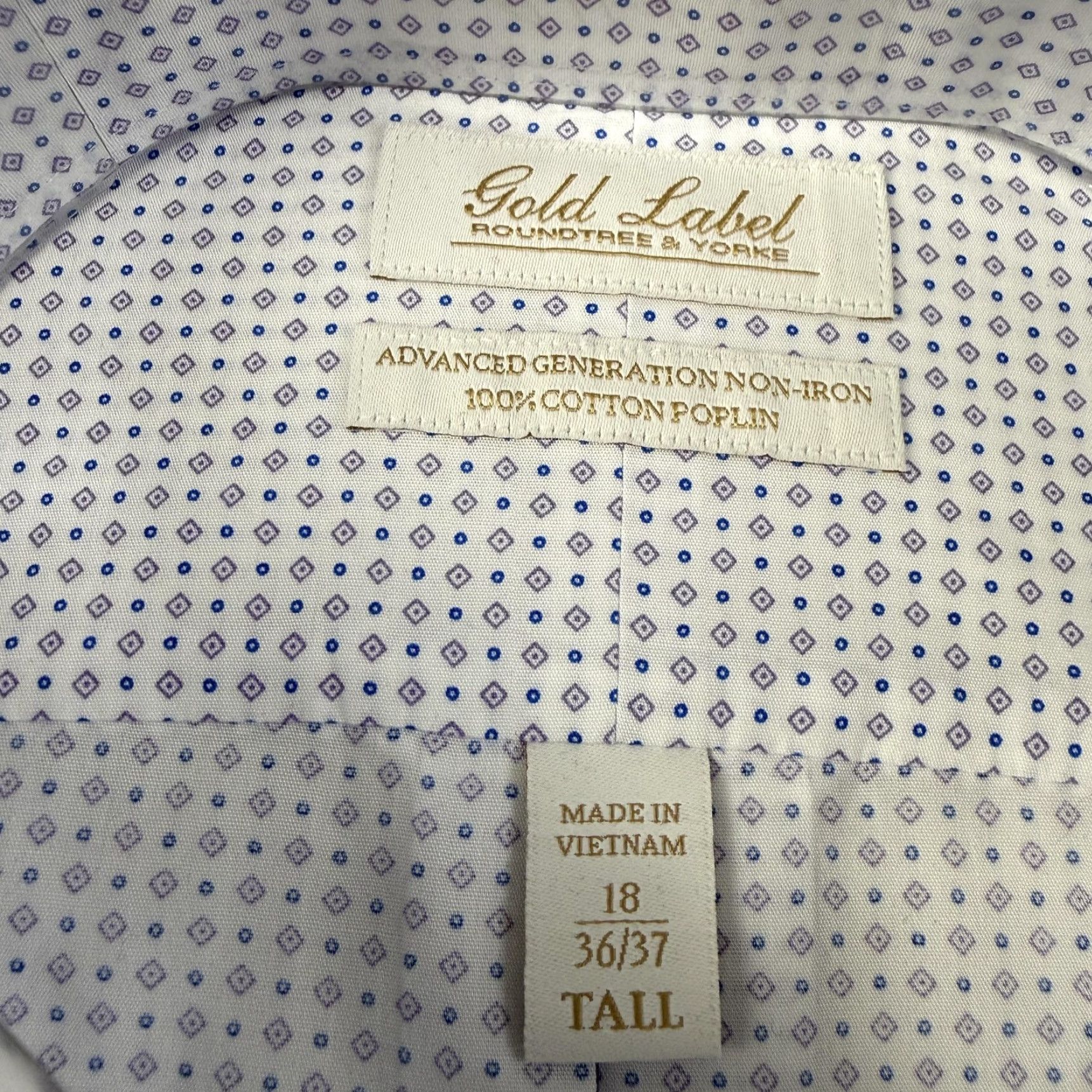 Roundtree & Yorke Gold Label Dress Shirt Mens 18 36/37 Tall Purple White  Geometric Long