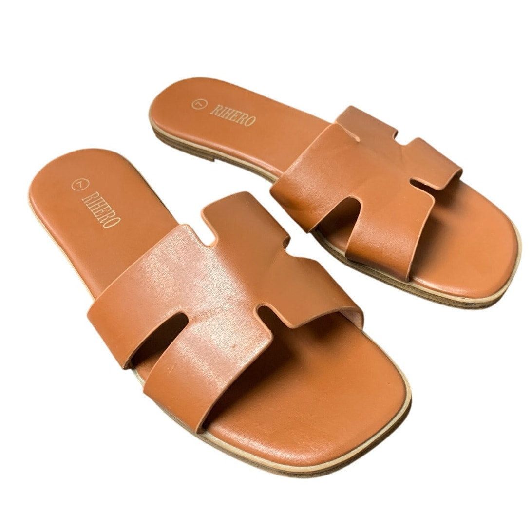 Other Rihero Size 7 Brown Faux Leather Open Toe Slide Sandals Size US 7 / IT 37 - 1 Thumbnail