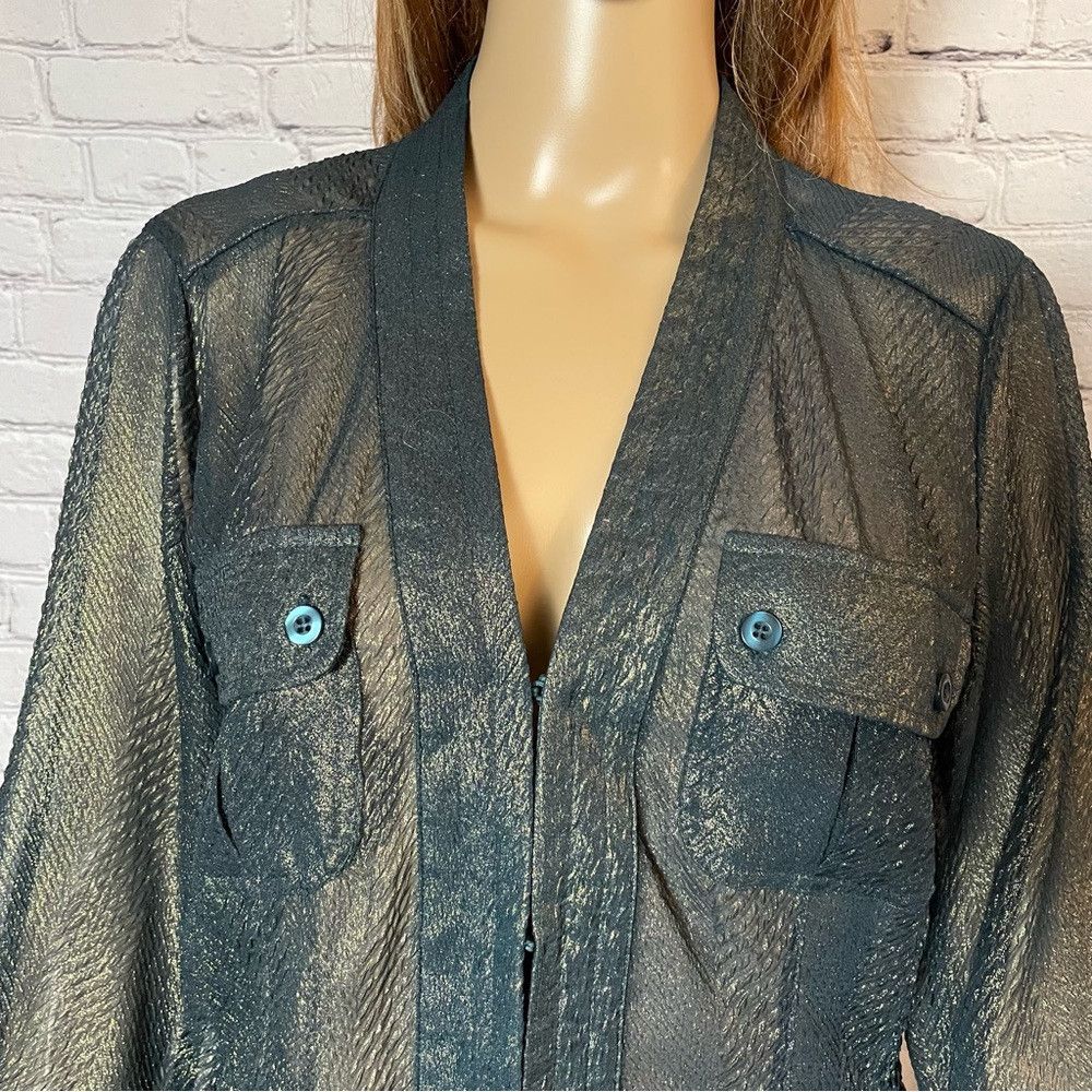 Chicos New Chico's Sheer Dark Green Metallic Lightweight Jacket Si Size S / US 4 / IT 40 - 3 Thumbnail