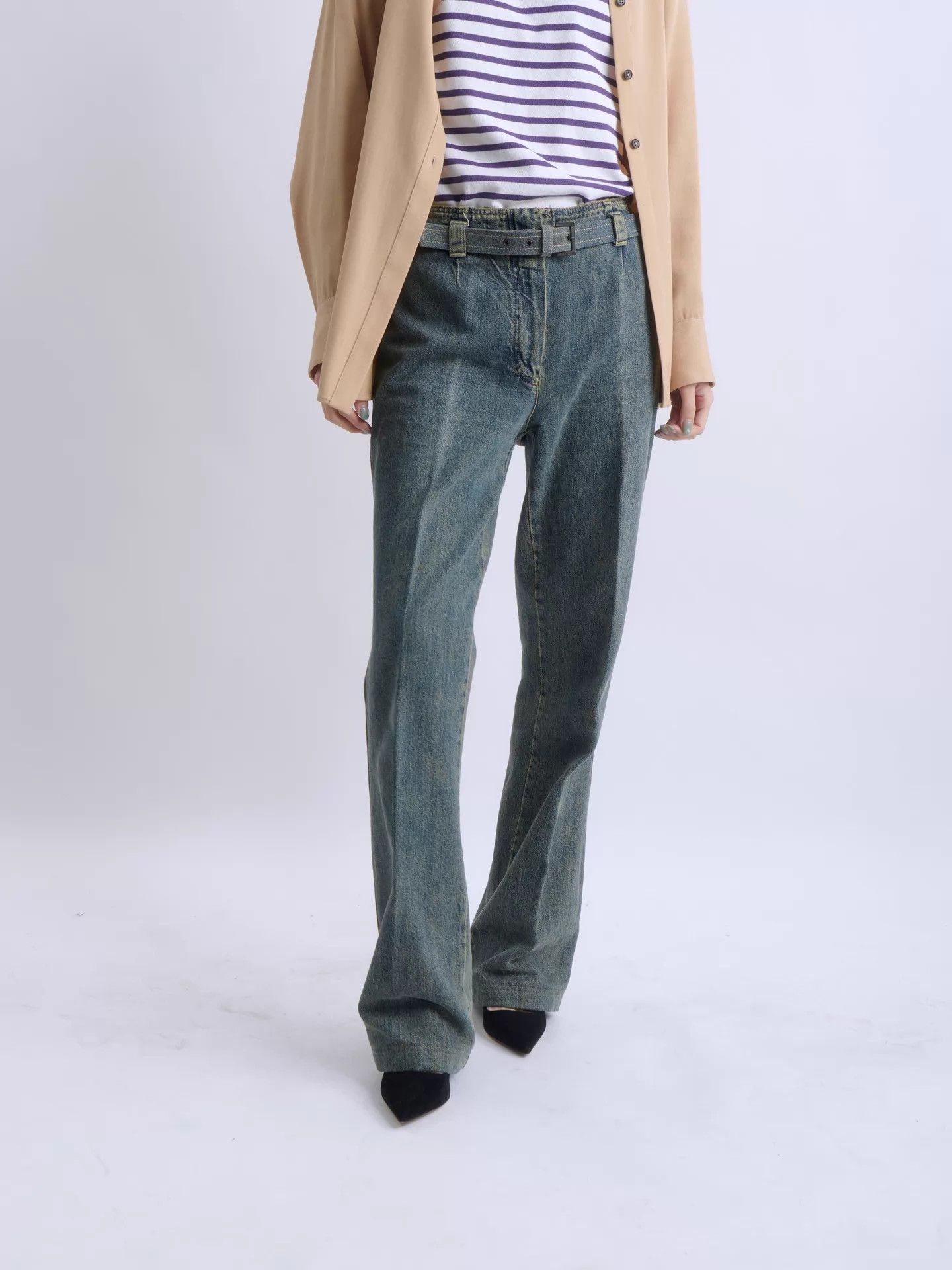 Chanel CHANEL 00 KL Washed Belted Flared Jeans Gray Teal Size 28" / US 6 / IT 42 - 1 Thumbnail