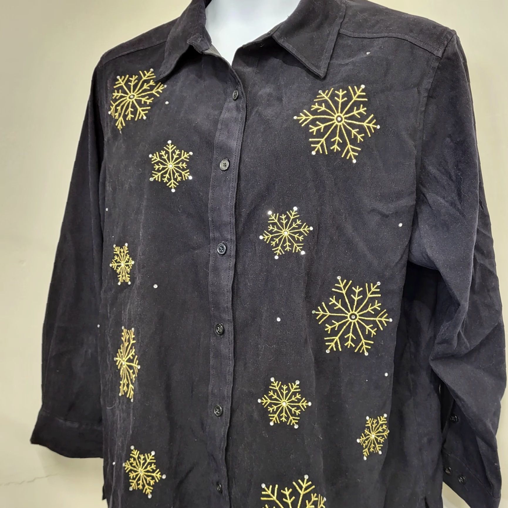 Quacker Factory VINTAGE Quacker Factory Shirt Jacket Women 1X Black Gold Snowflakes Long Sleeve Button-Up Embroidered Christmas Holiday Size XL / US 12-14 / IT 48-50 - 2 Thumbnail