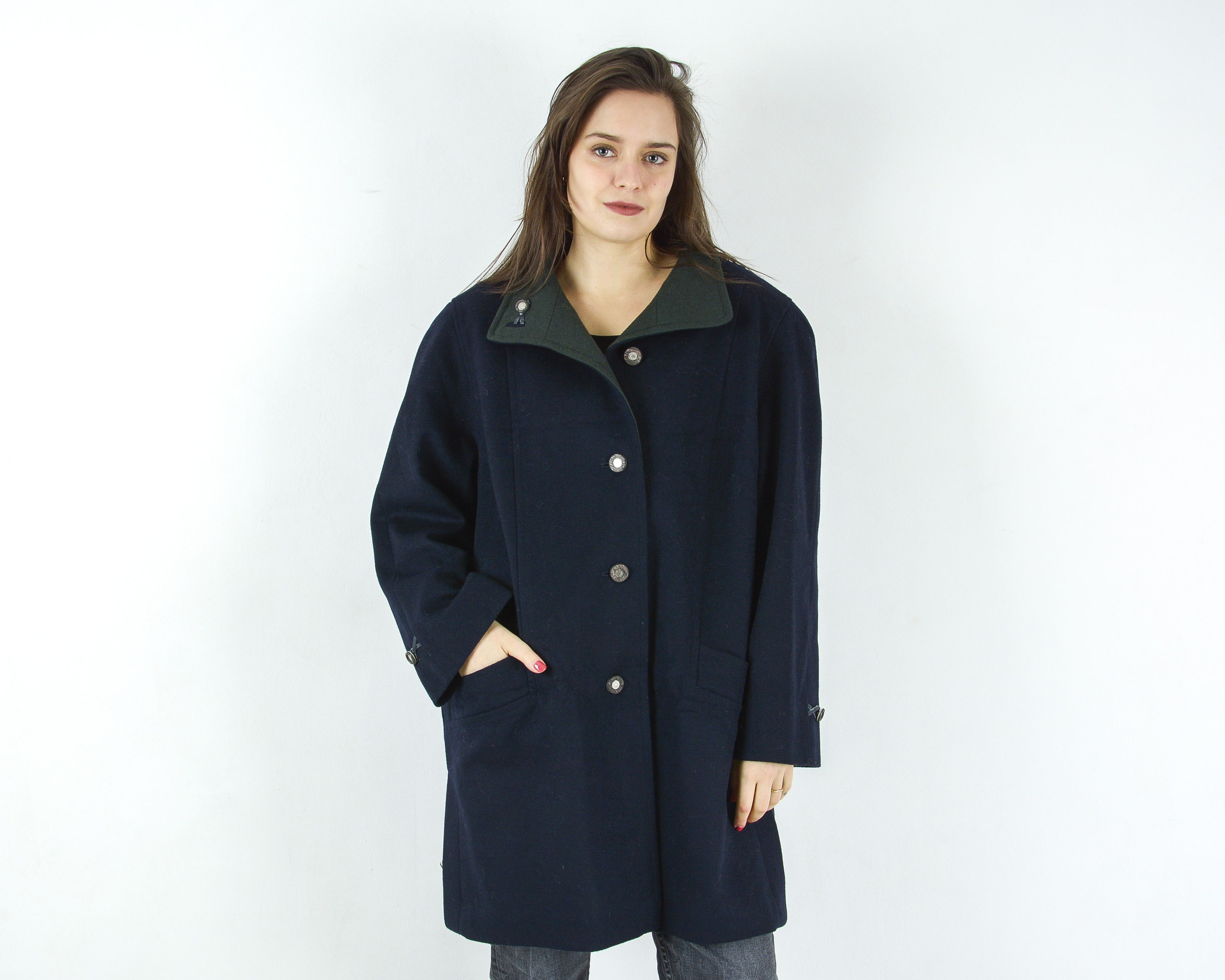 image of Vintage Markert Aquila Alpacca Loden Wool Coat Button Up Jacket in Blue, Women's (Size Large)
